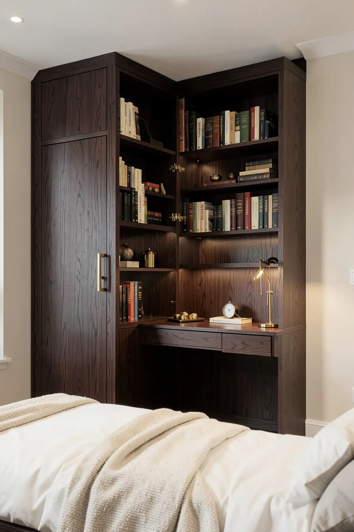 A luxury walnut built-in wardrobe featuring a library-style bookshelf and integrated desk.