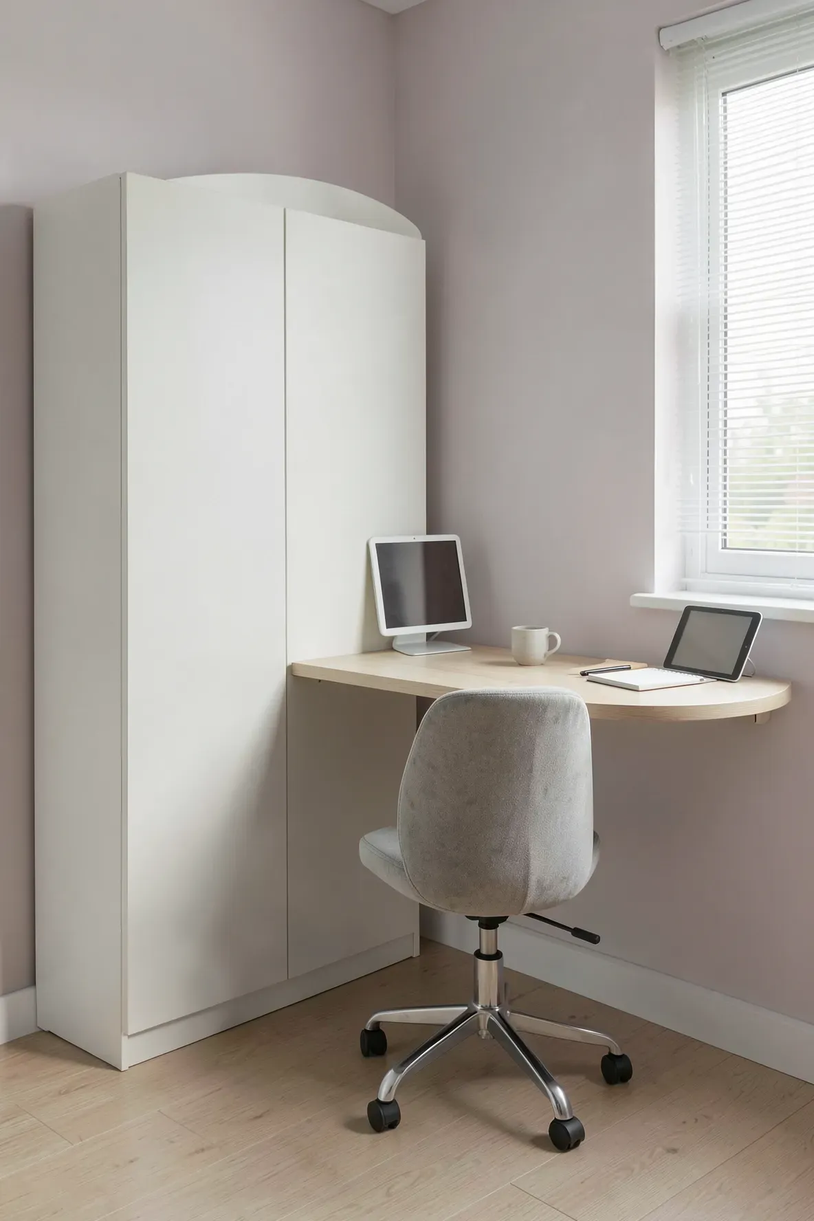 A white built-in wardrobe ending in a smooth, curved corner desk in a small bedroom.