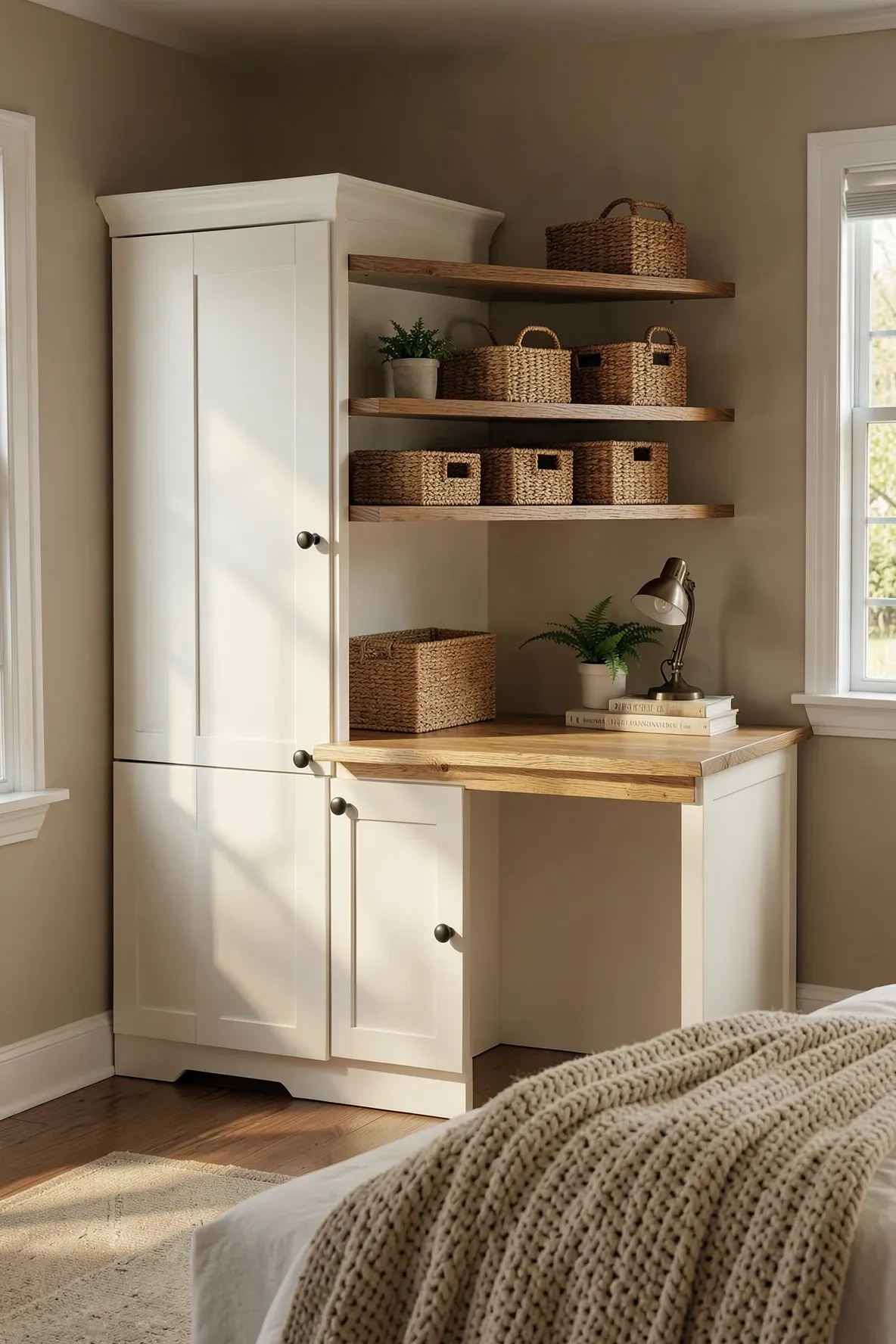A white Shaker-style wardrobe featuring a contrasting natural oak desktop and matching shelves.