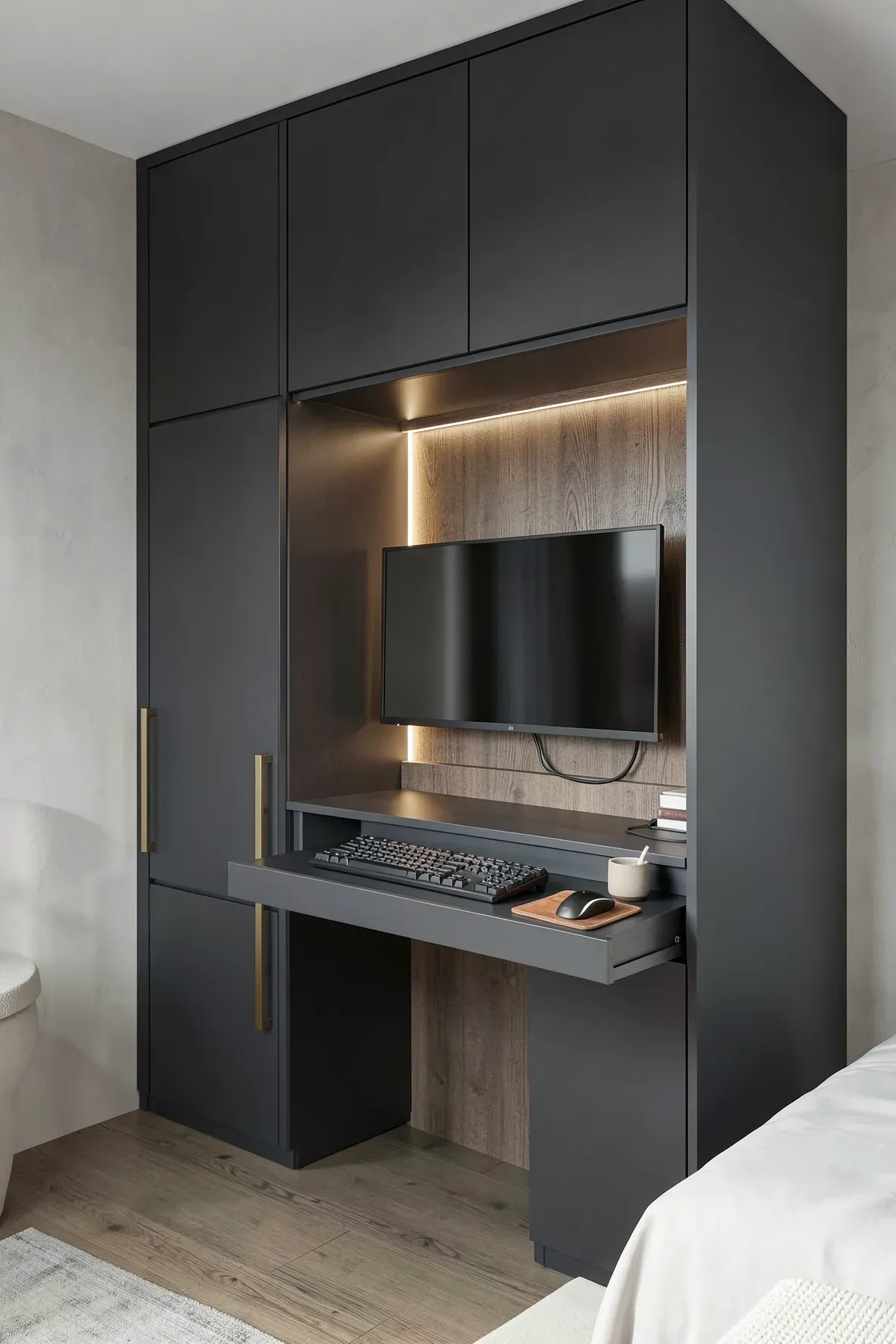 A modern charcoal wardrobe with an integrated desk featuring a mounted monitor and slide-out keyboard tray.