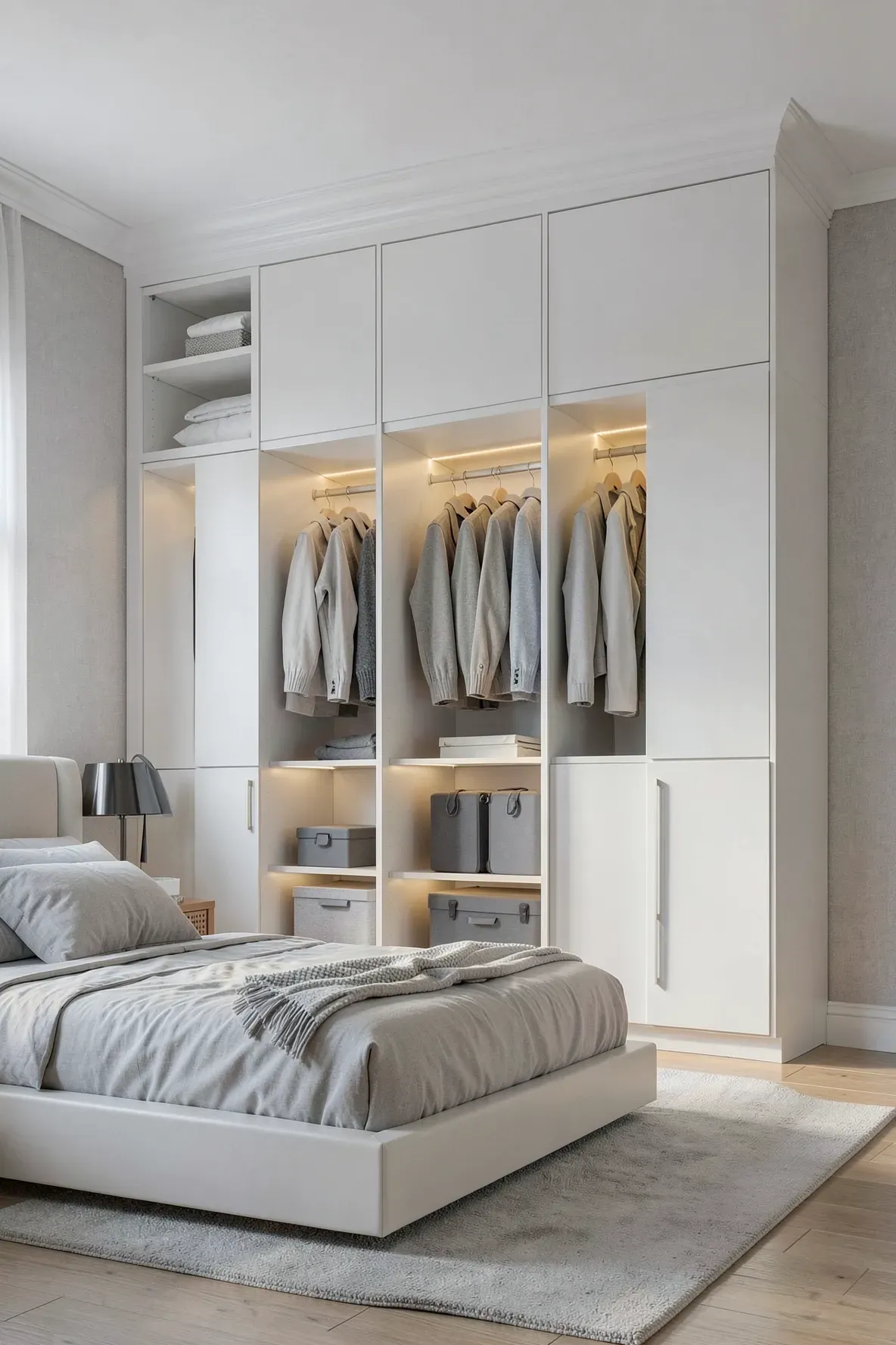 A tall white built-in wardrobe with glowing LED interior lights in a modern bedroom.
