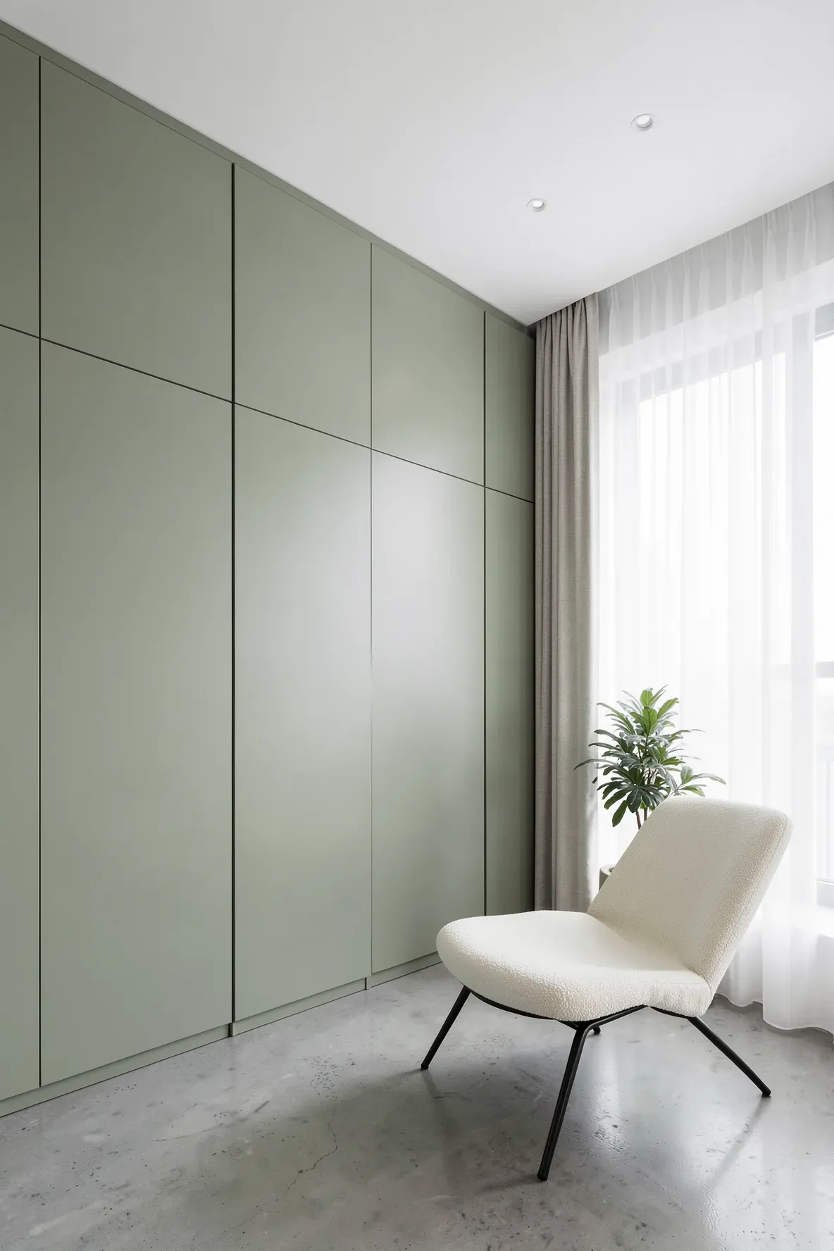 Sleek handleless sage green wardrobe cabinets in a minimalist, bright bedroom.
