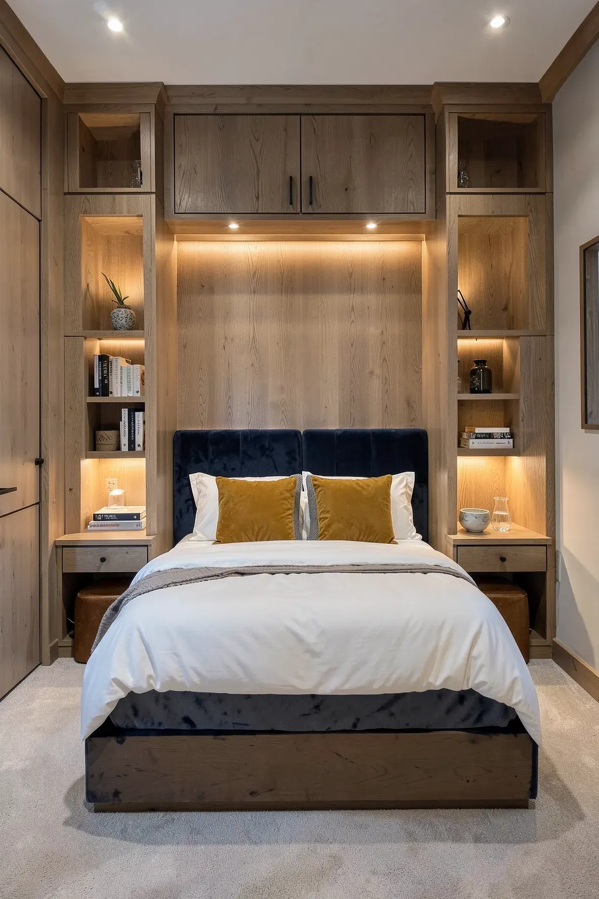A bed framed by built-in wardrobes and overhead cabinets in a cozy wood-toned room.