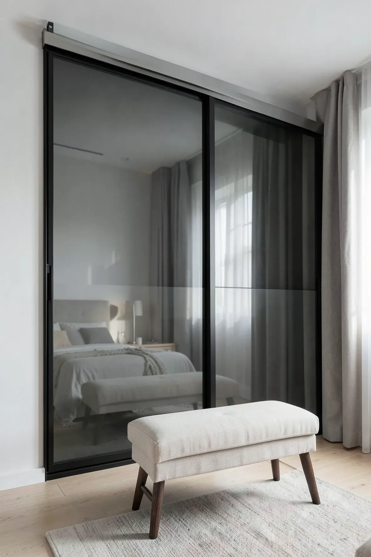 Modern built-in wardrobe with smoked glass sliding doors in a bright, small bedroom.