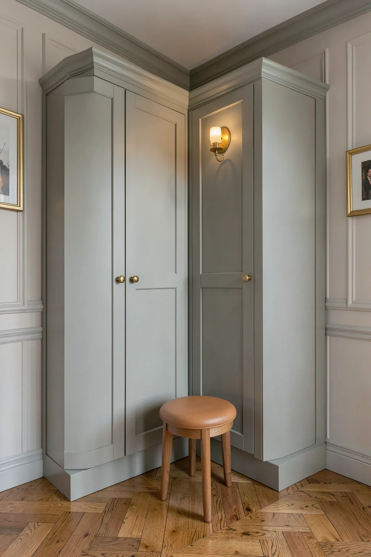 A custom dove grey L-shaped corner wardrobe maximizing storage in a bedroom.