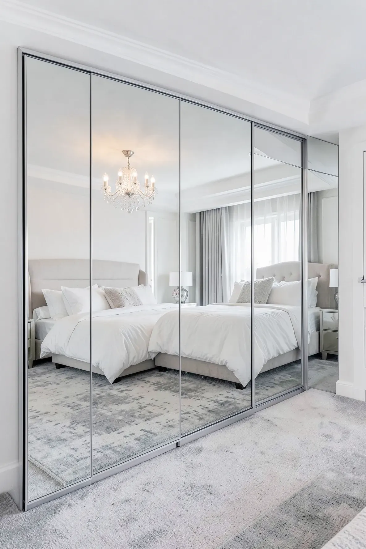 A bedroom wall covered in floor-to-ceiling mirrored wardrobes reflecting a bright room.