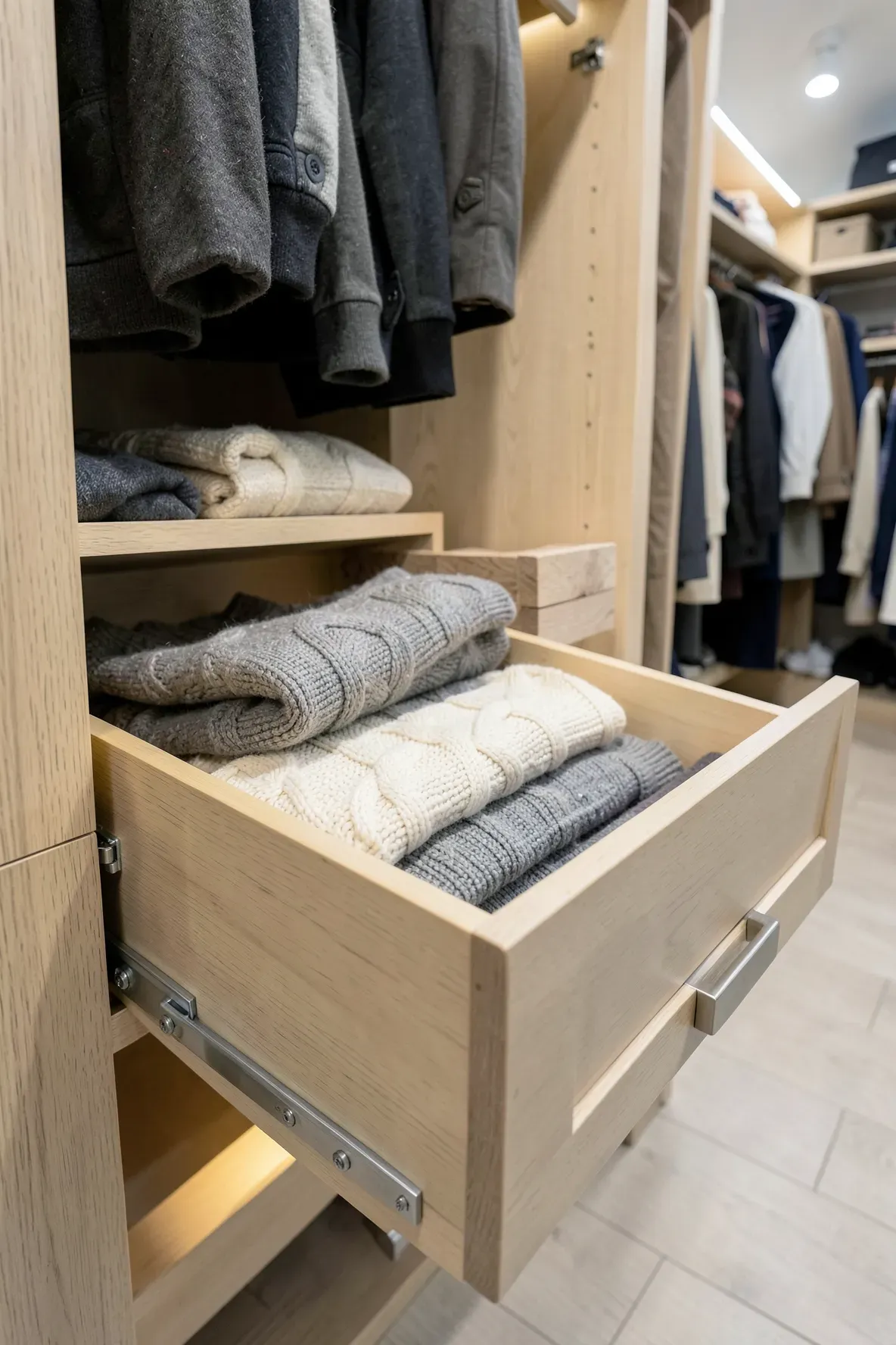 Deep pull-out drawers in a wardrobe filled with neatly folded cable-knit sweaters.