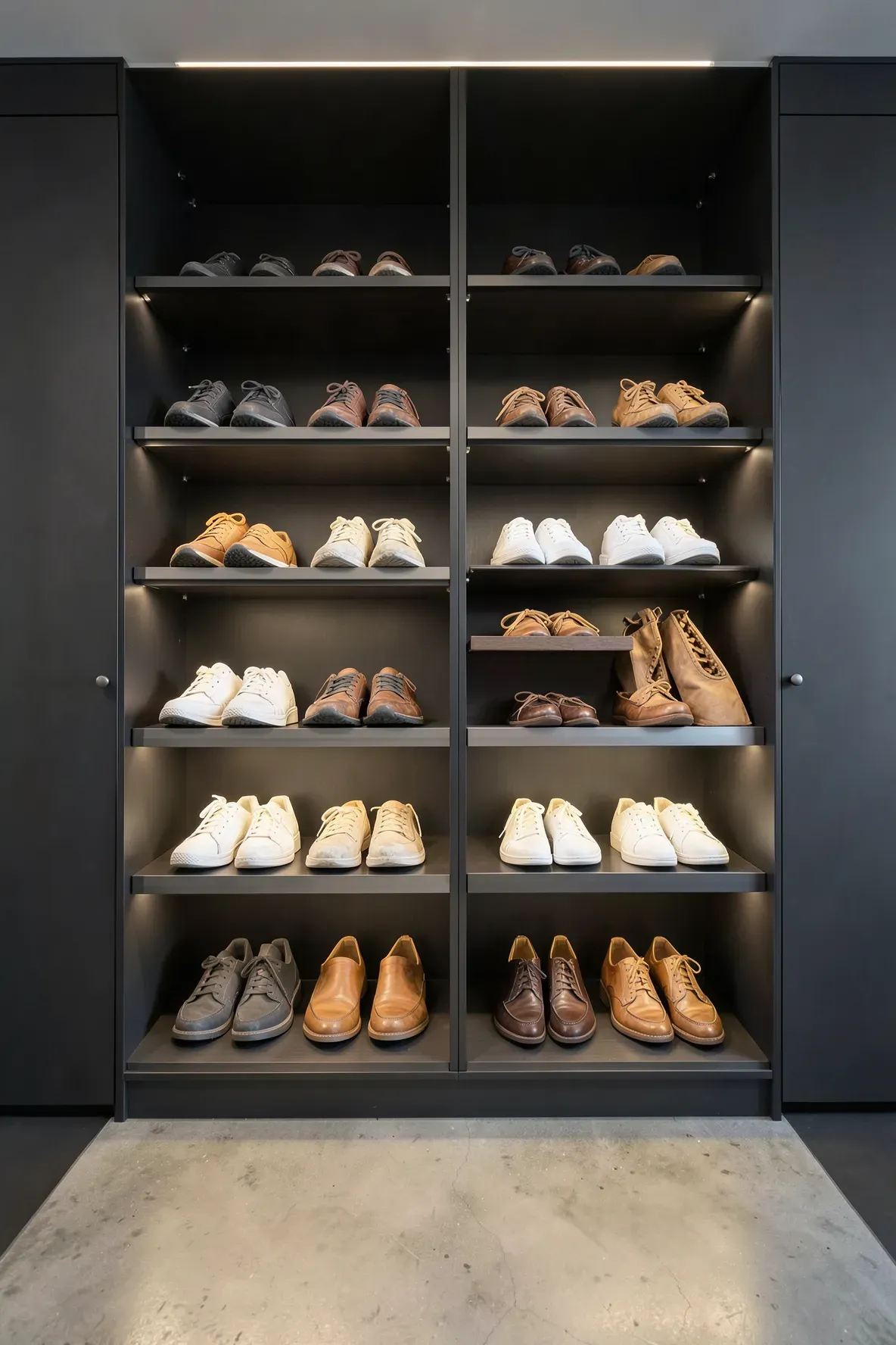 Slanted wooden shoe racks inside a dark grey wardrobe with organized leather footwear.