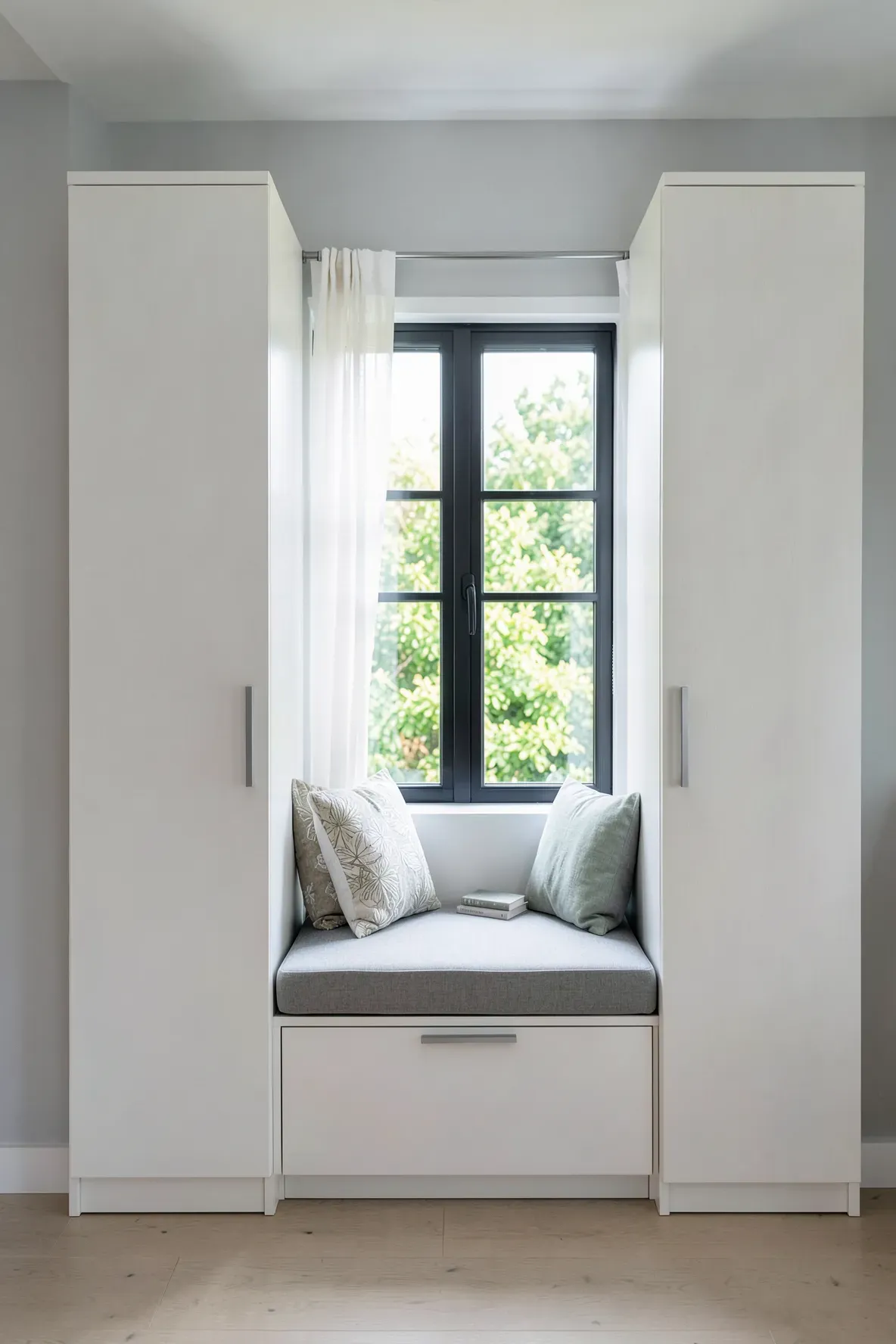A white built-in wardrobe layout featuring a cozy upholstered bench seat under a window.