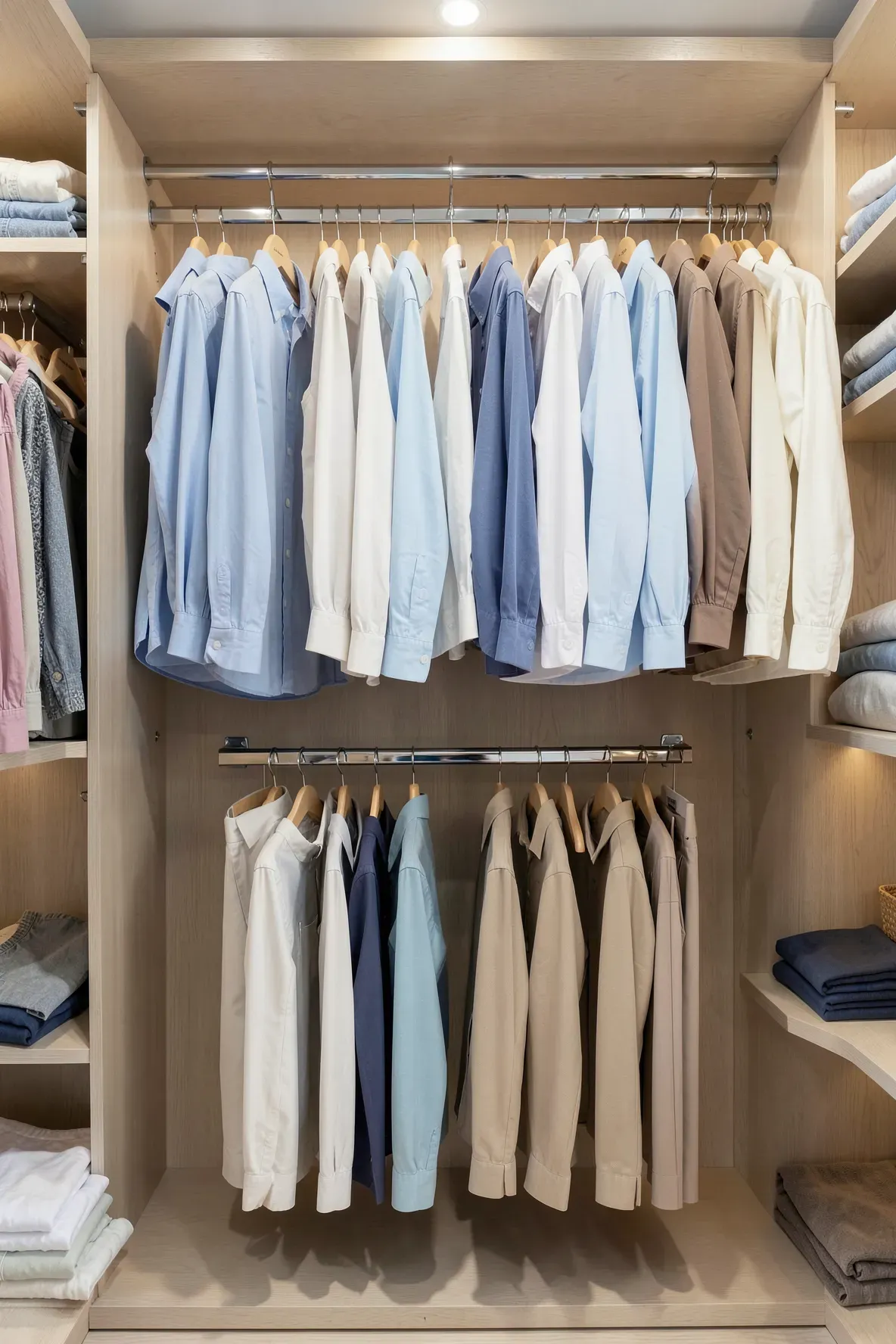 An organized wardrobe interior with two levels of hanging rails for shirts and trousers.