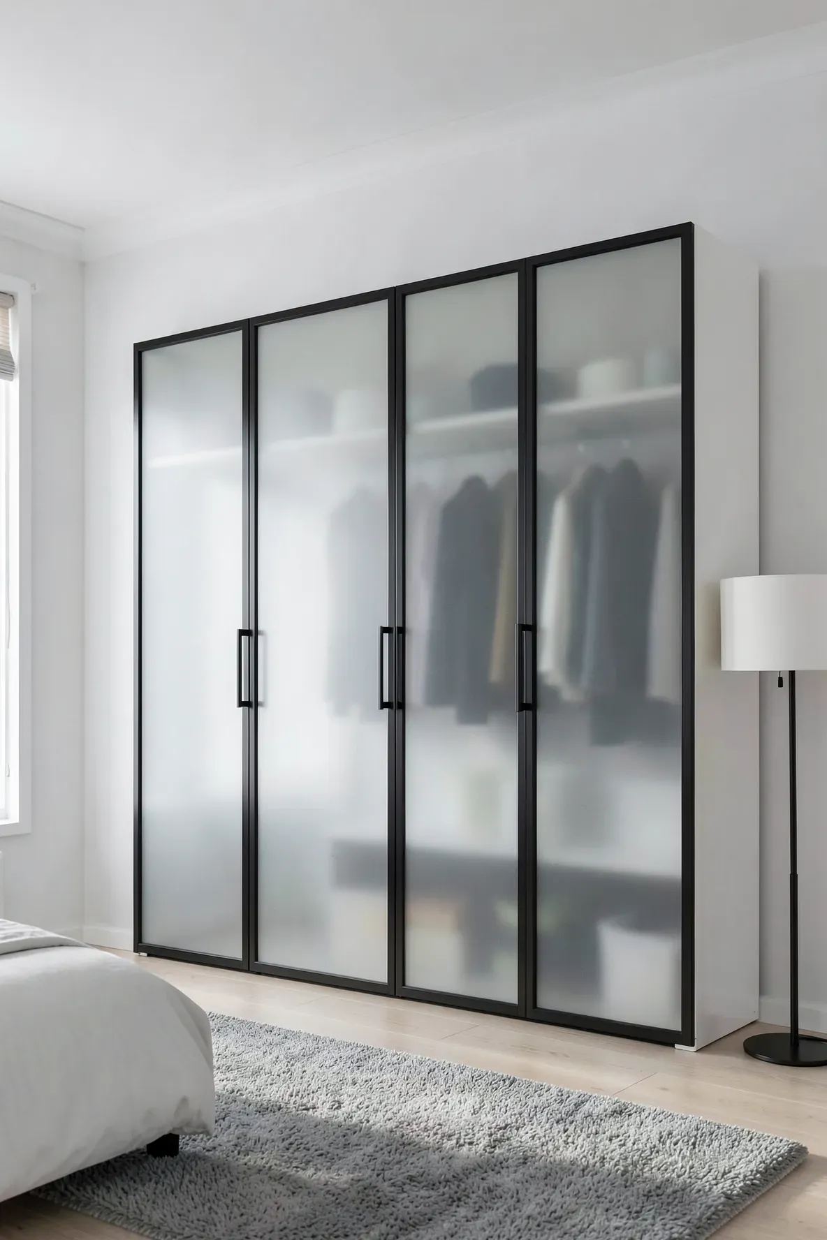 Modern built-in wardrobes with frosted glass doors and slim black frames in a bright bedroom.