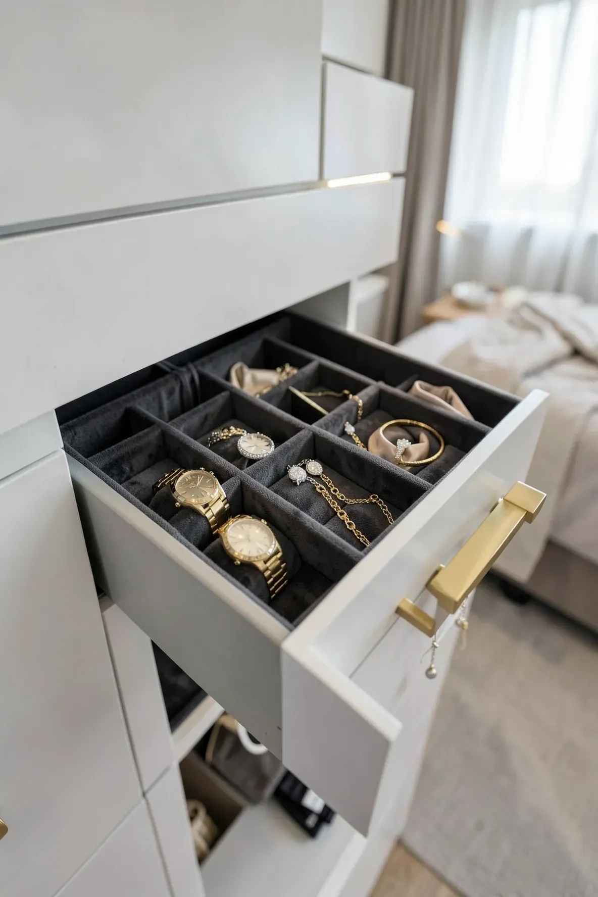 A close-up of a built-in wardrobe jewelry drawer with charcoal velvet lining and gold accessories.