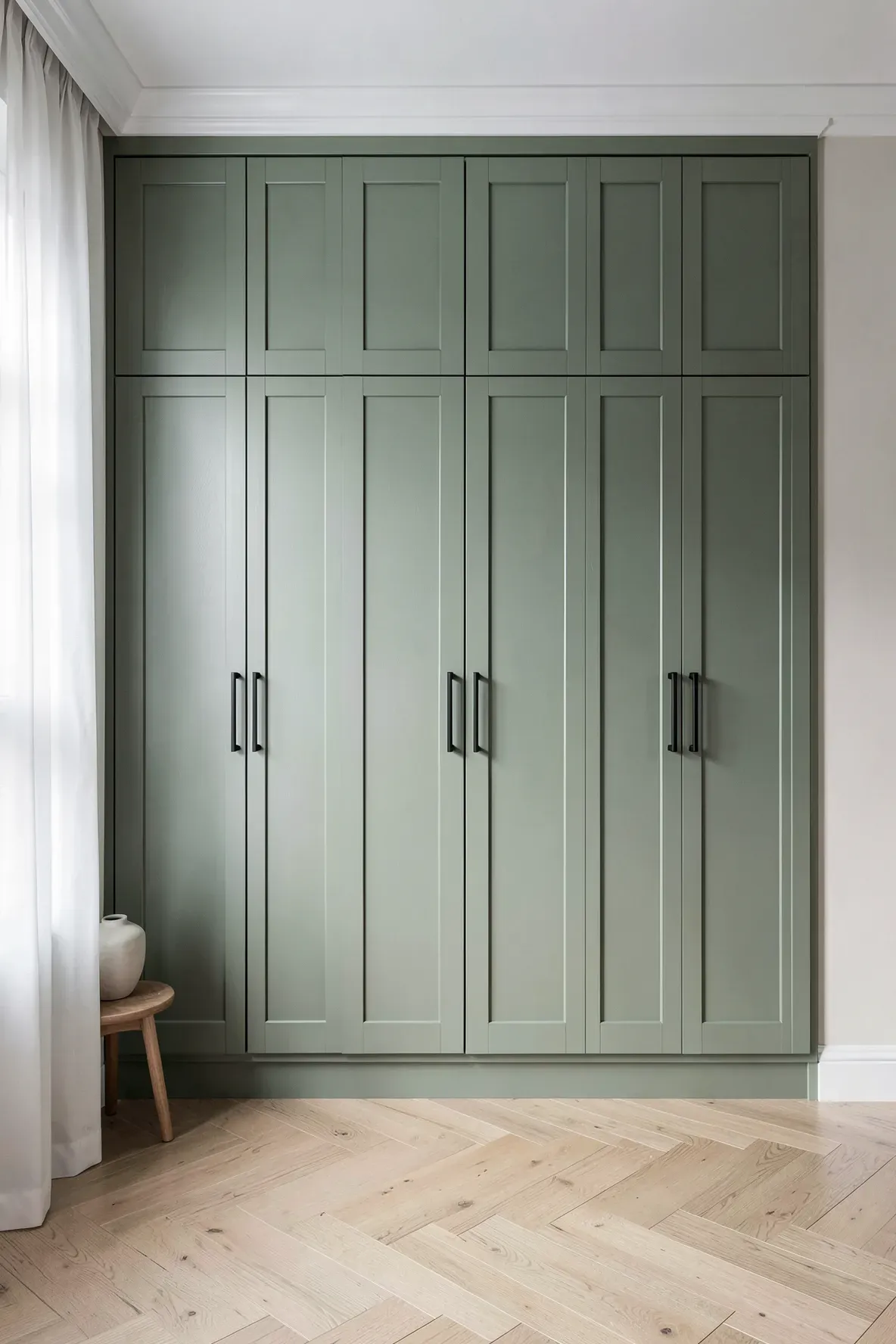 A full-wall built-in wardrobe with sage green Shaker-style doors and matte black handles.