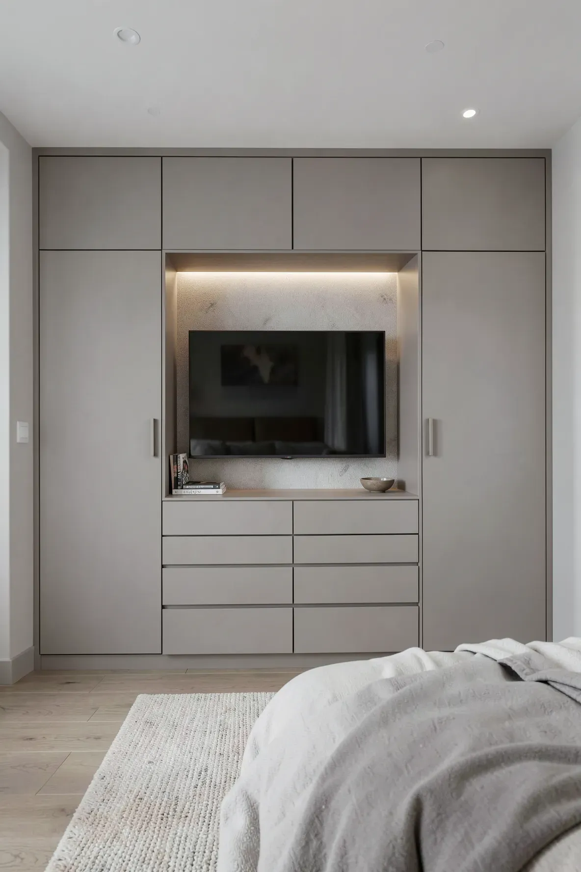 A built-in wardrobe featuring a central recessed nook with a television and surrounding storage.