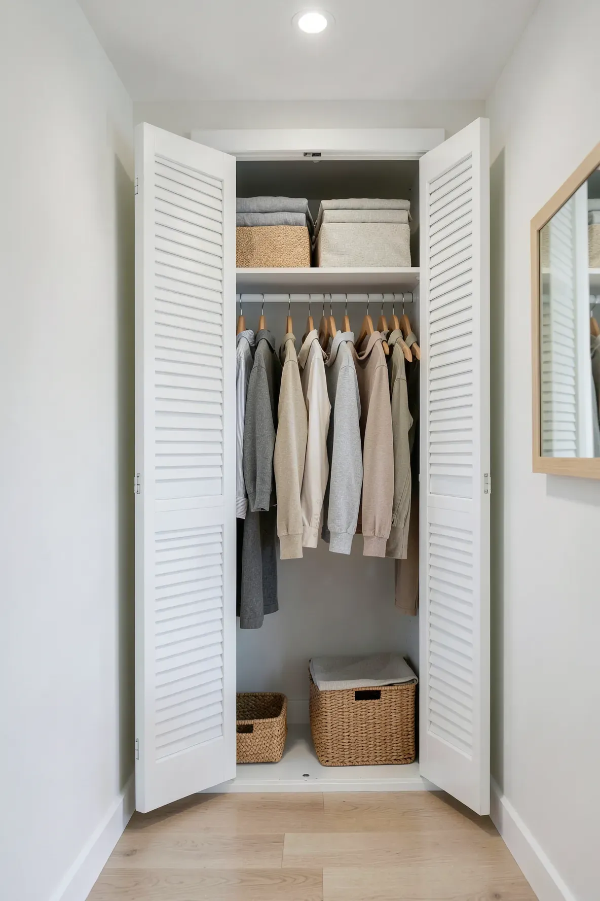 A small built-in wardrobe with white louvered bi-fold doors opening to show an organized interior.