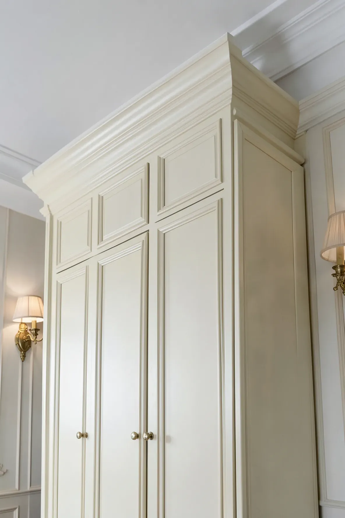 The top of a cream-colored built-in wardrobe featuring ornate decorative crown molding.