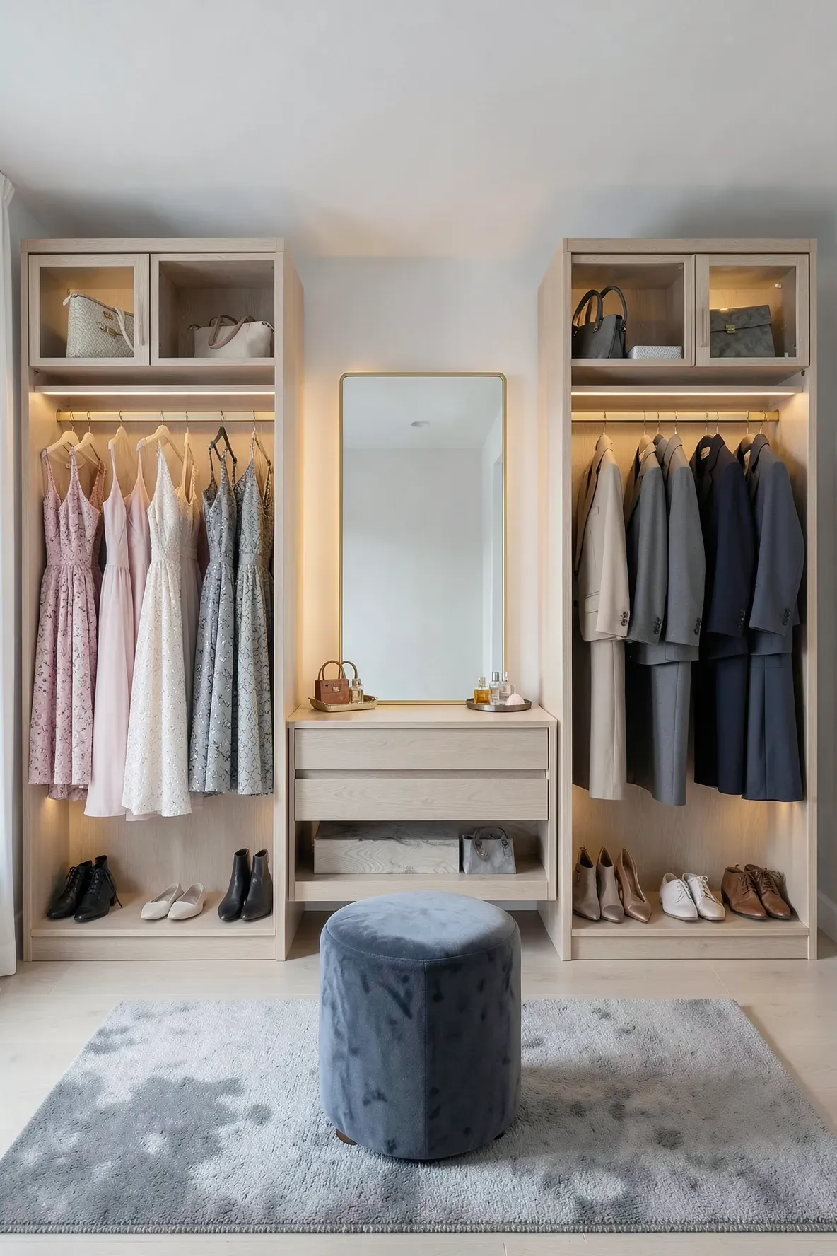A symmetrical built-in wardrobe with dedicated his and her sections flanking a central mirror.