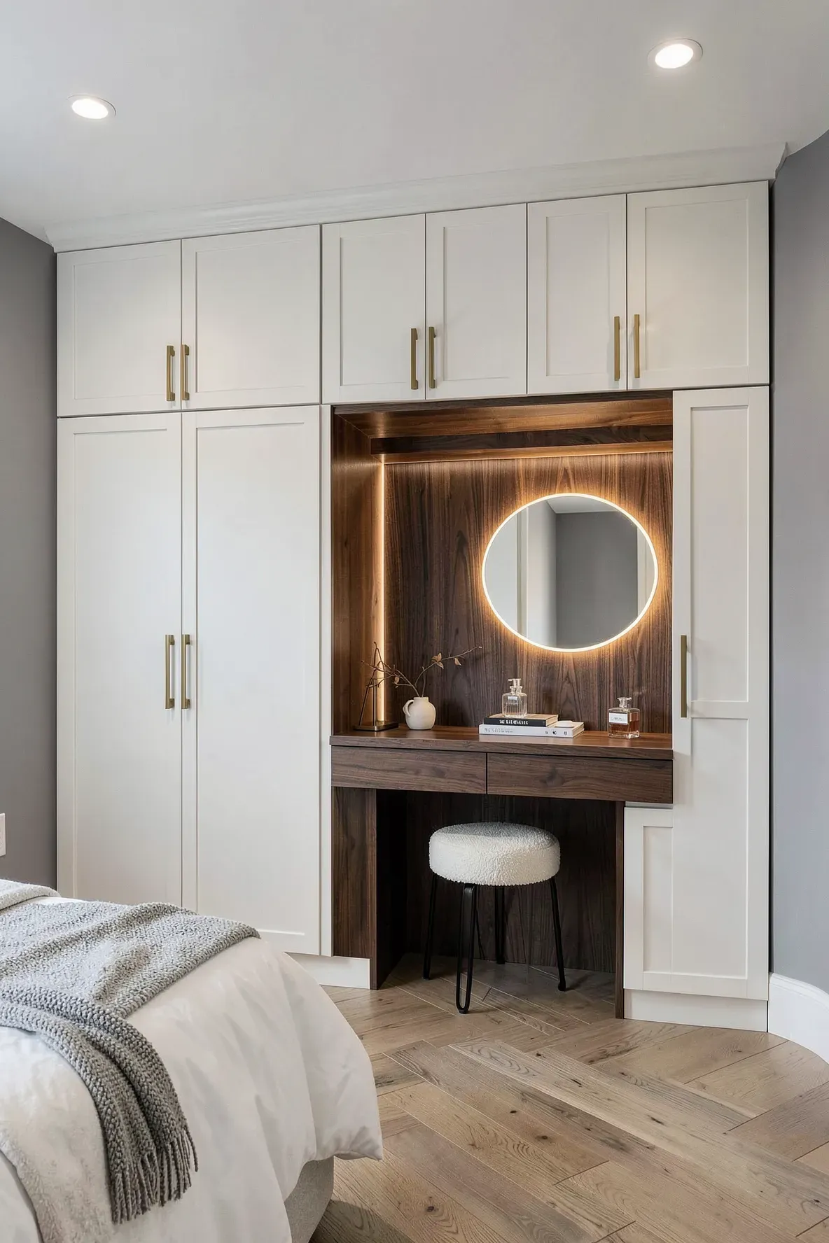 A luxury built-in wardrobe with white cabinets and a contrasting dark wood recessed vanity nook.