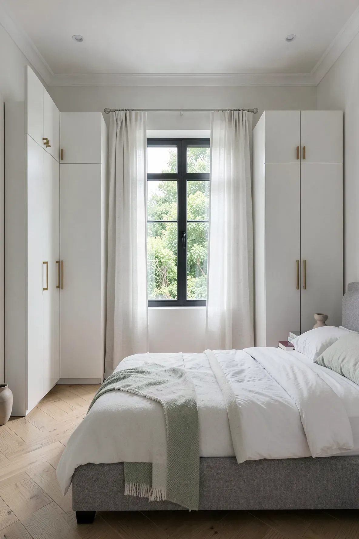 Two tall white wardrobes symmetrically framing a bedroom window with sheer curtains.