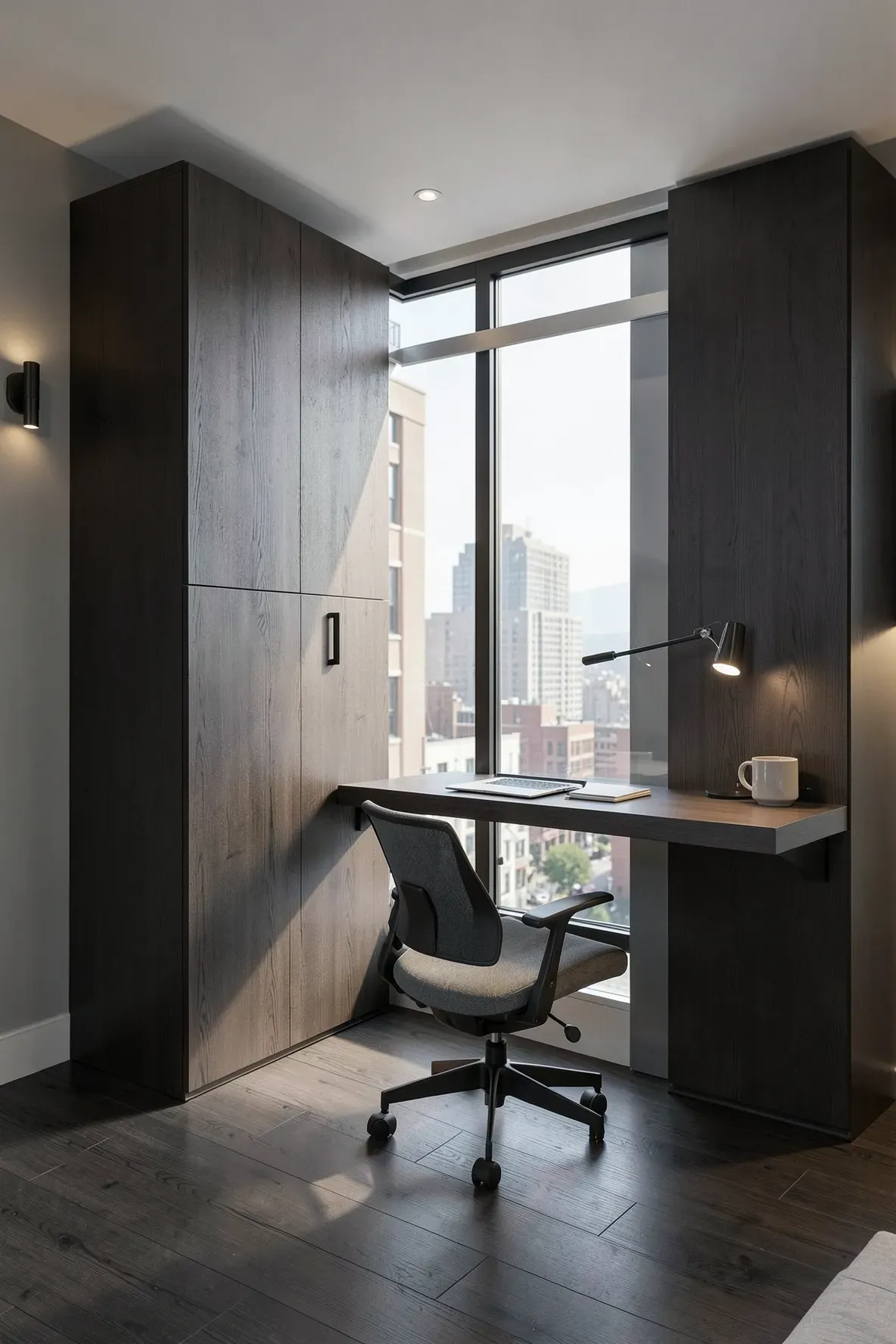 A dark walnut wardrobe system with a floating desk bridge integrated under a bedroom window.