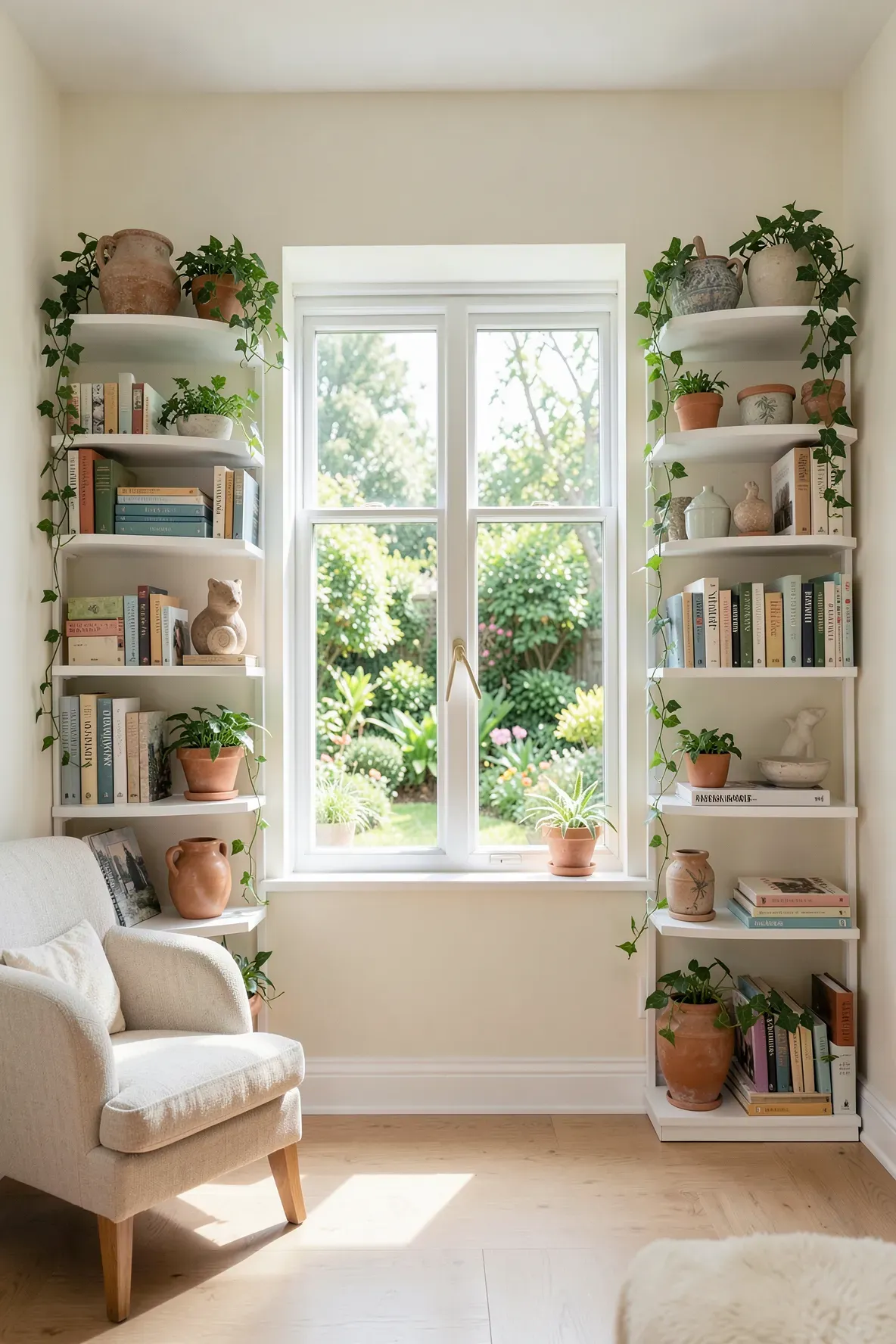 White open shelving units filled with books and plants flanking a sunlit bedroom window.