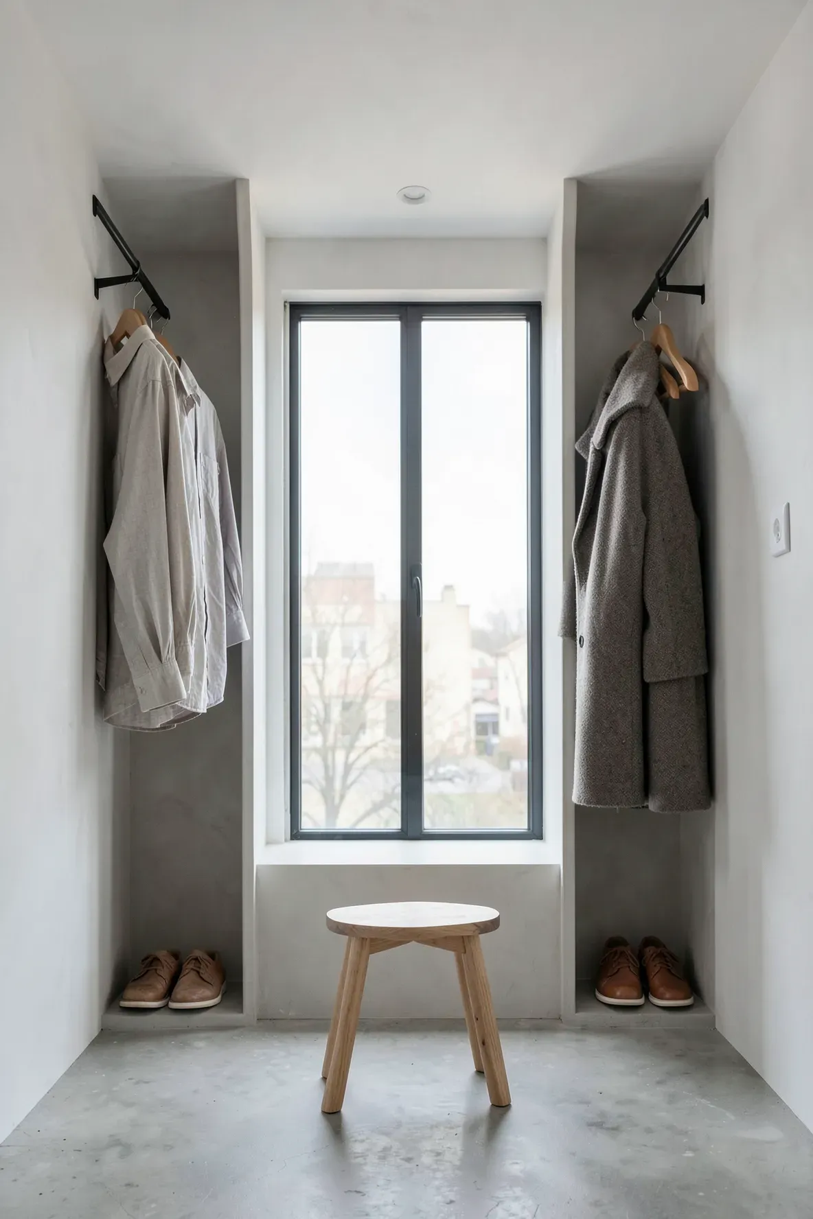 Minimalist hanging rails recessed into wall nooks on both sides of a bright bedroom window.