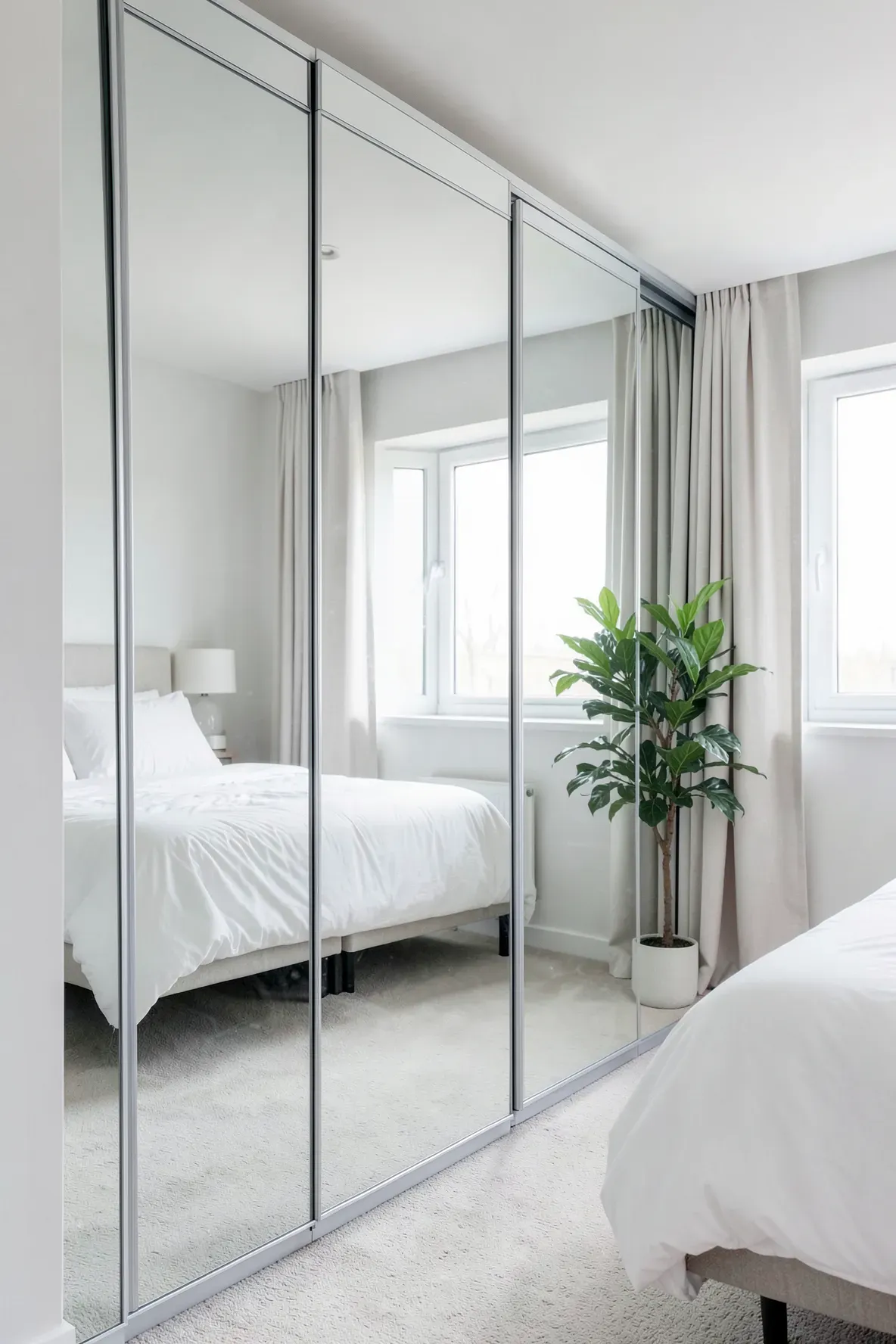 Full-length mirrored wardrobes built around a bedroom window, reflecting bright natural light.