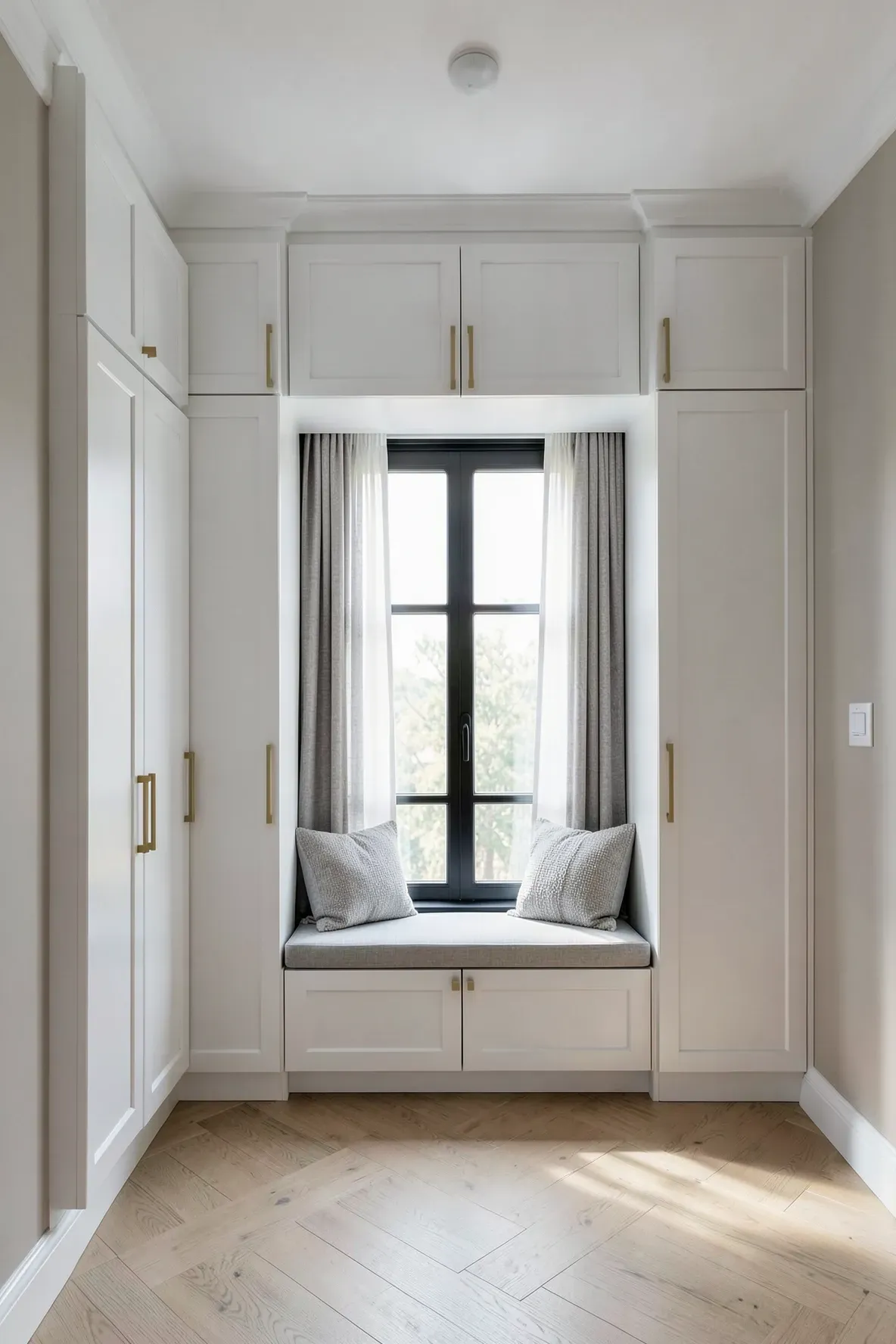 Custom white wardrobes flanking a bedroom window with matching cupboards connected across the top.