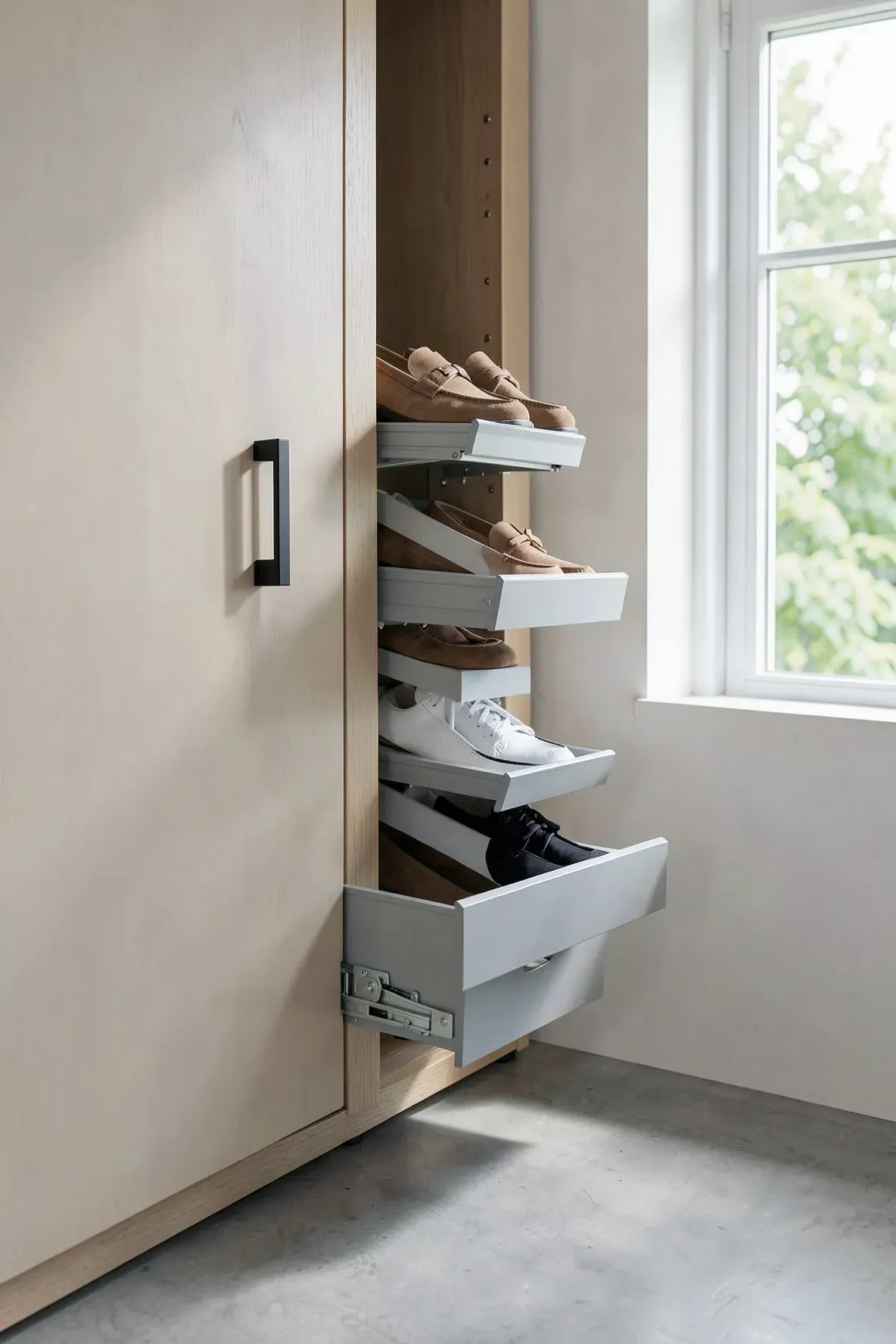 A slim vertical pull-out shoe rack extending from a gray wardrobe next to a bedroom window.