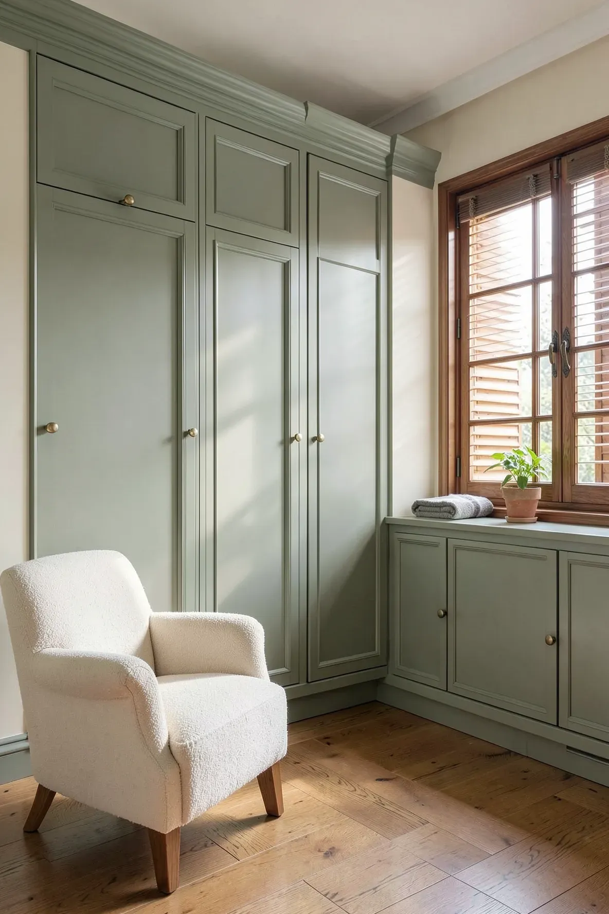Sage green L-shaped wardrobes wrapping around a bedroom corner toward a large window.