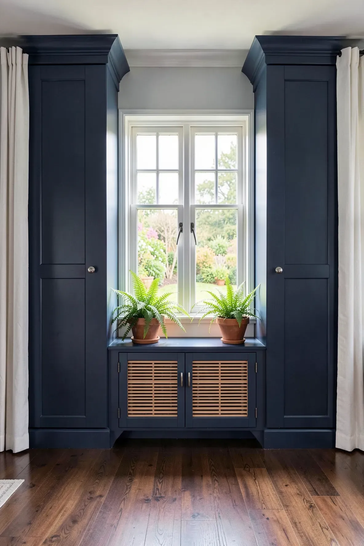Navy blue Shaker wardrobes with a matching slatted radiator cover built under a bedroom window.