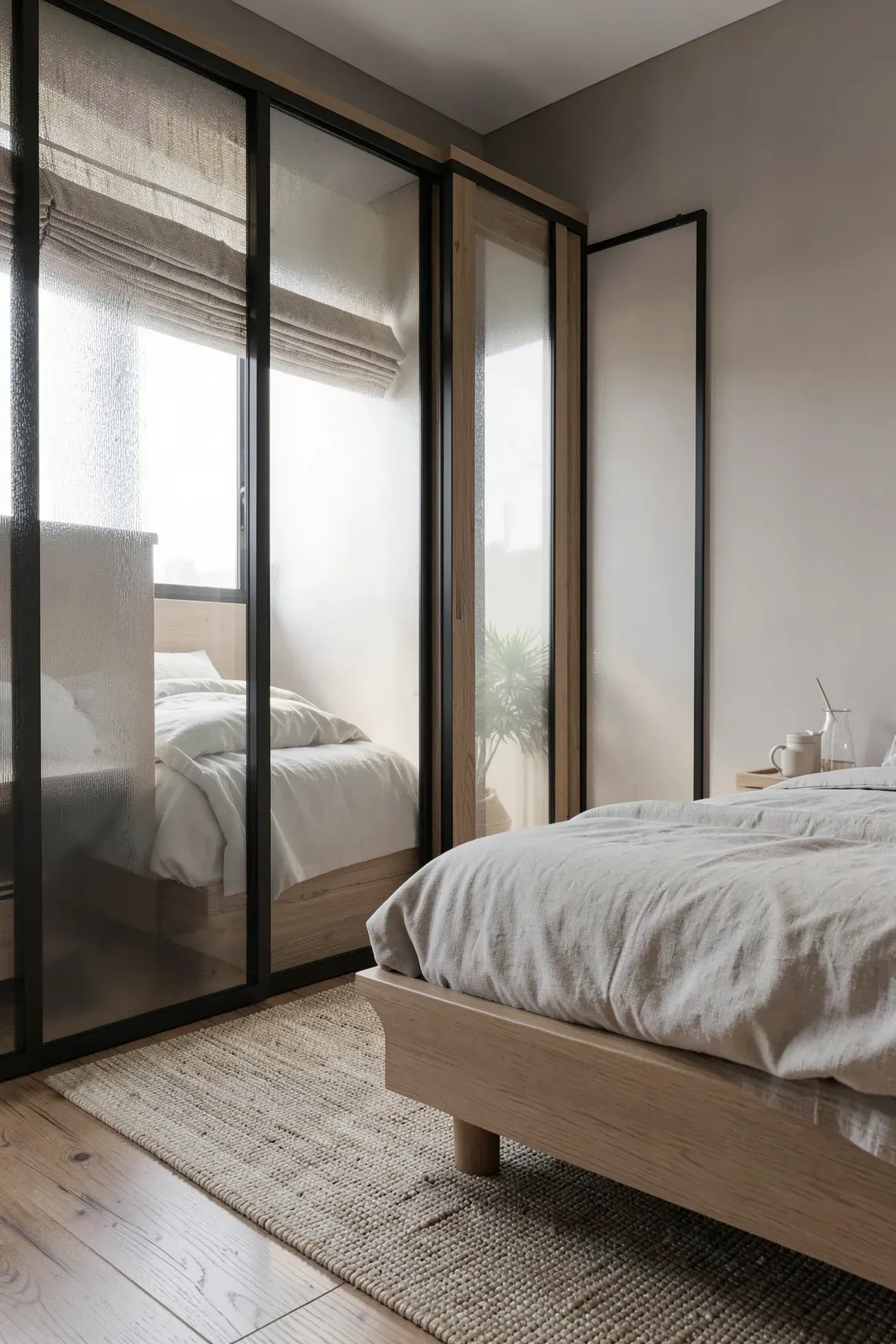 Sliding door wardrobes with frosted glass panels installed in a narrow space next to a bedroom bed.
