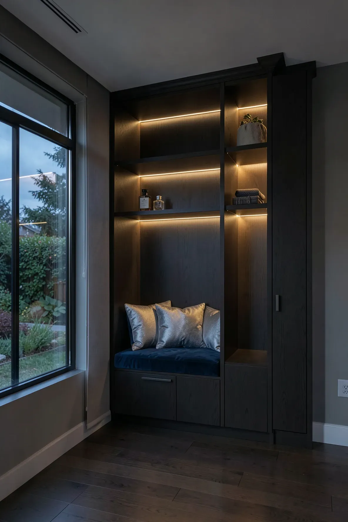 Dark wood wardrobes around a window with warm LED strip lighting illuminating the shelves and seat.