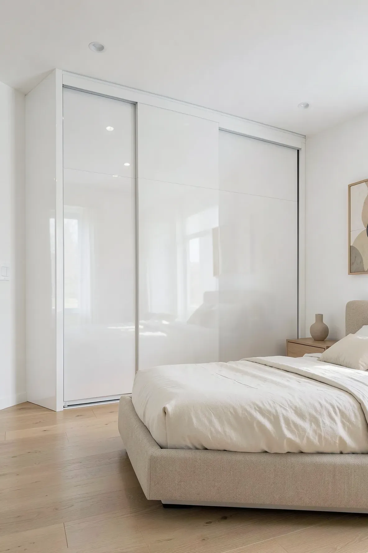 A minimalist bedroom with floor-to-ceiling high-gloss white lacquer sliding wardrobe doors.