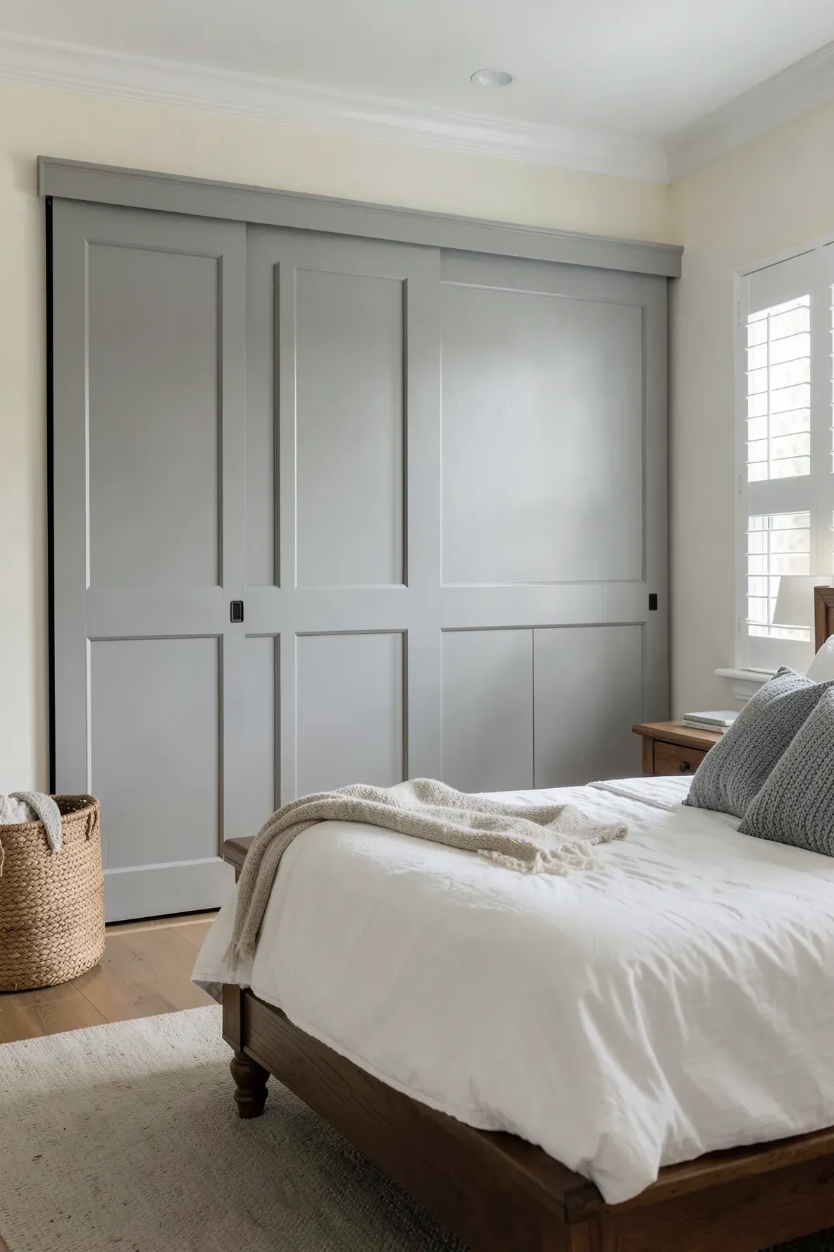 Classic Shaker-style paneled sliding wardrobe doors in soft grey in a traditional bedroom.