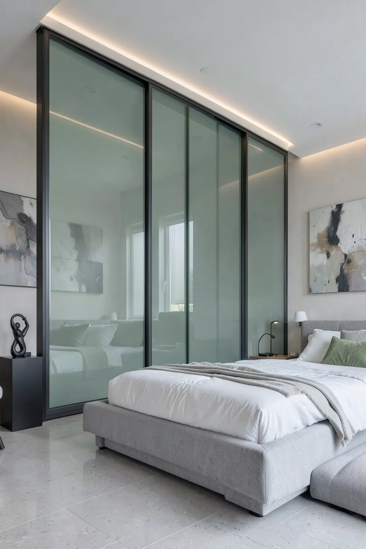 Luxury bedroom featuring floor-to-ceiling opaque sage green back-painted glass sliding doors.