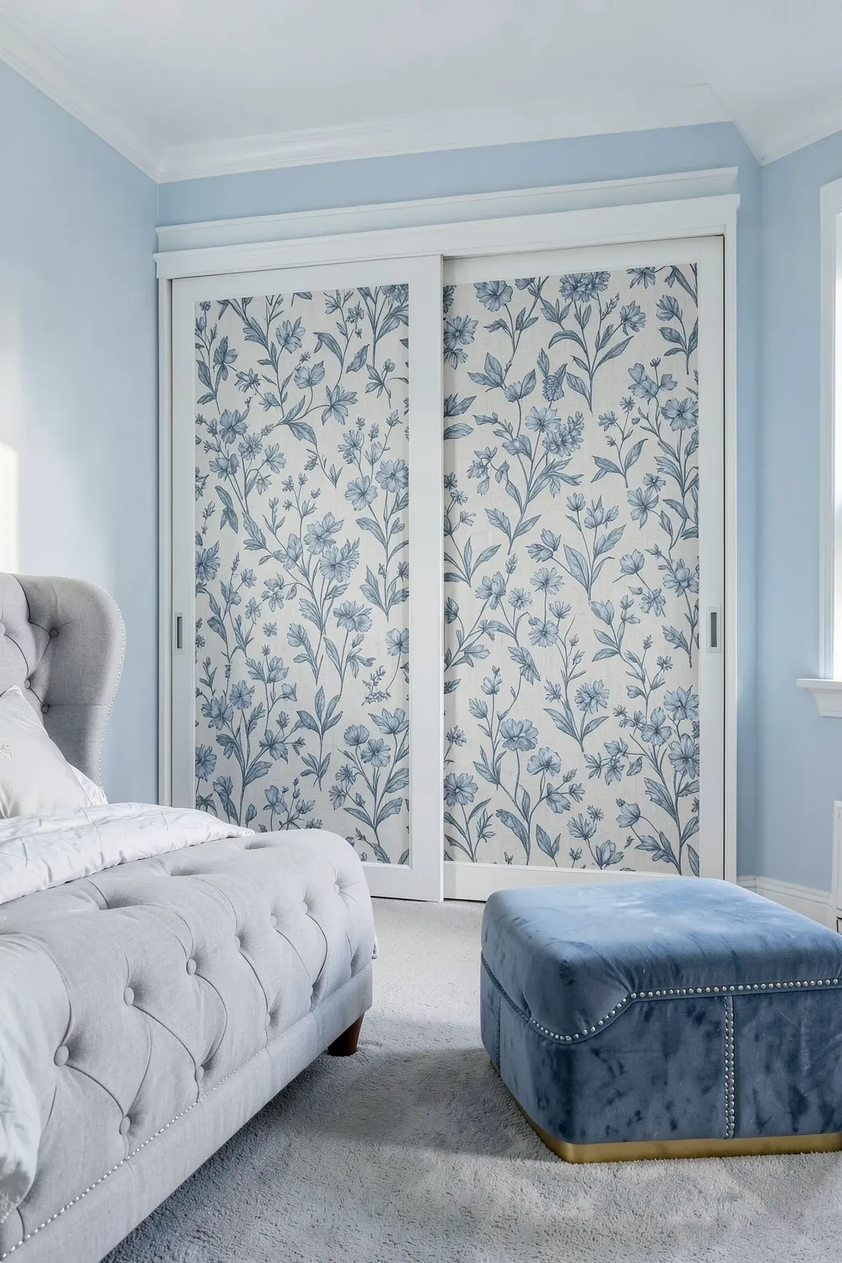Custom sliding wardrobe doors with blue botanical fabric inset panels in a stylish bedroom.