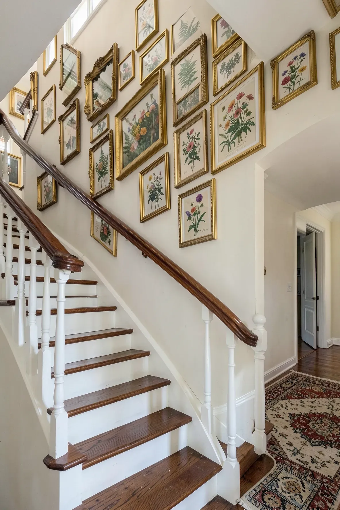 A staircase wall decorated with mismatched gold frames containing pressed ferns and flowers.