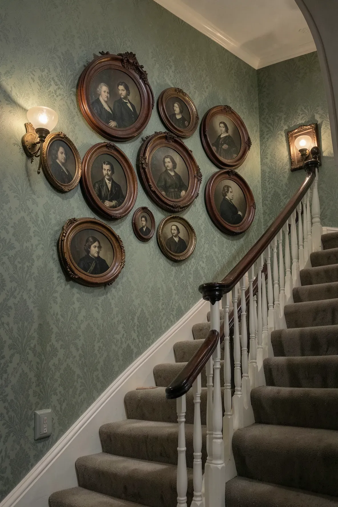 A collection of vintage oval portraits in dark wood frames on a sage green staircase wall.