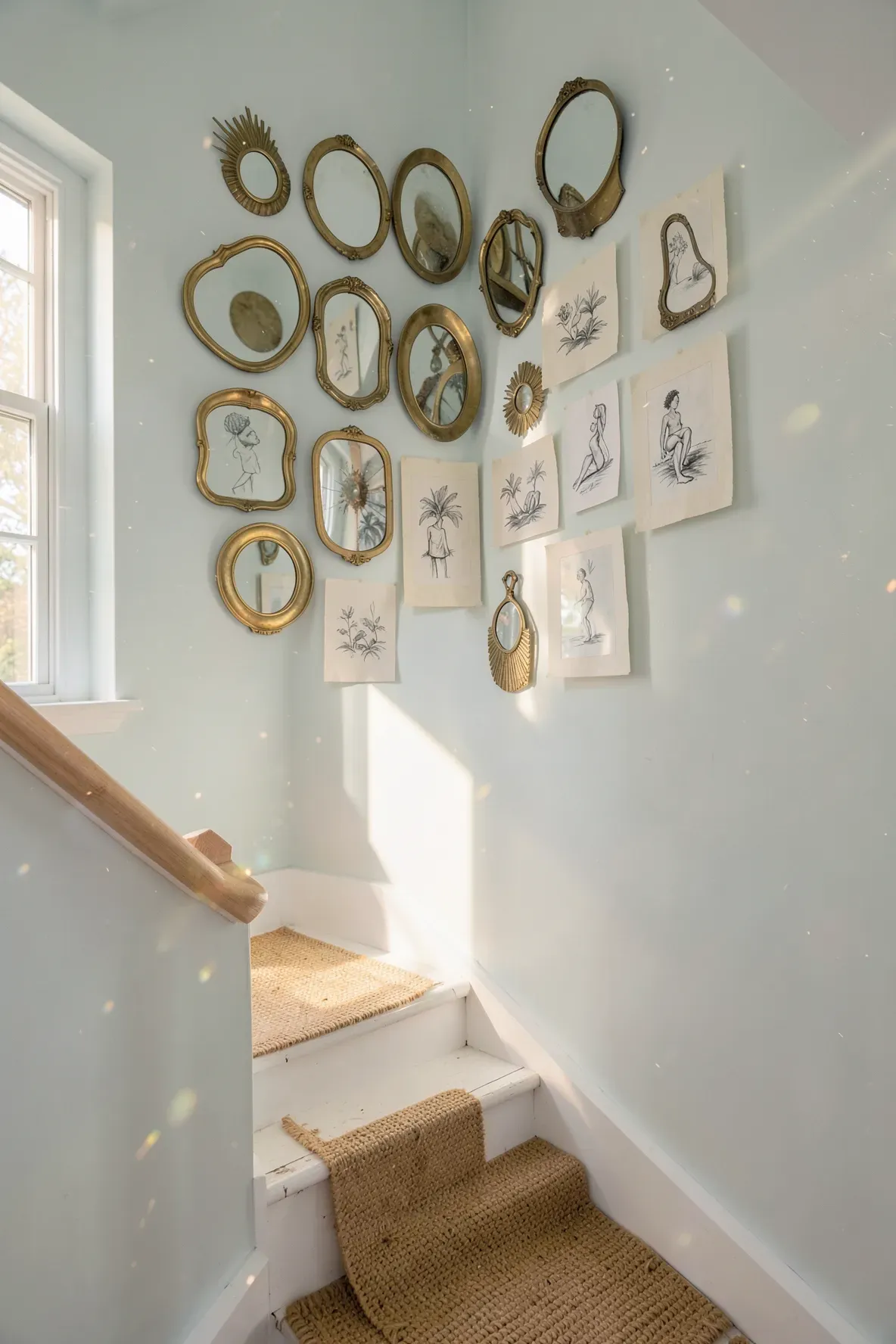 A gallery wall on a staircase featuring vintage brass mirrors mixed with small charcoal sketches.
