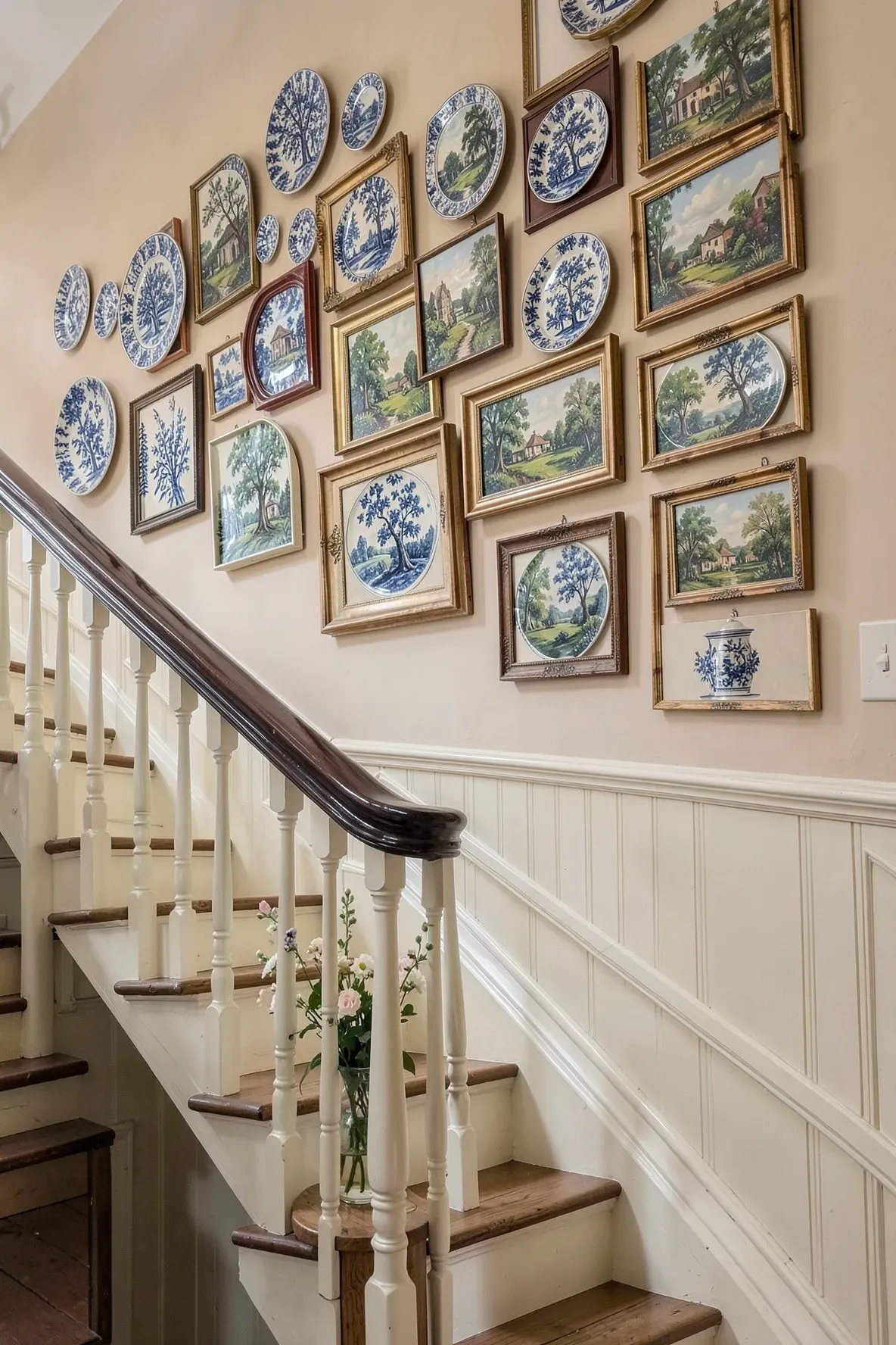 A staircase wall decorated with a mix of framed paintings and decorative blue and white ceramic plates.