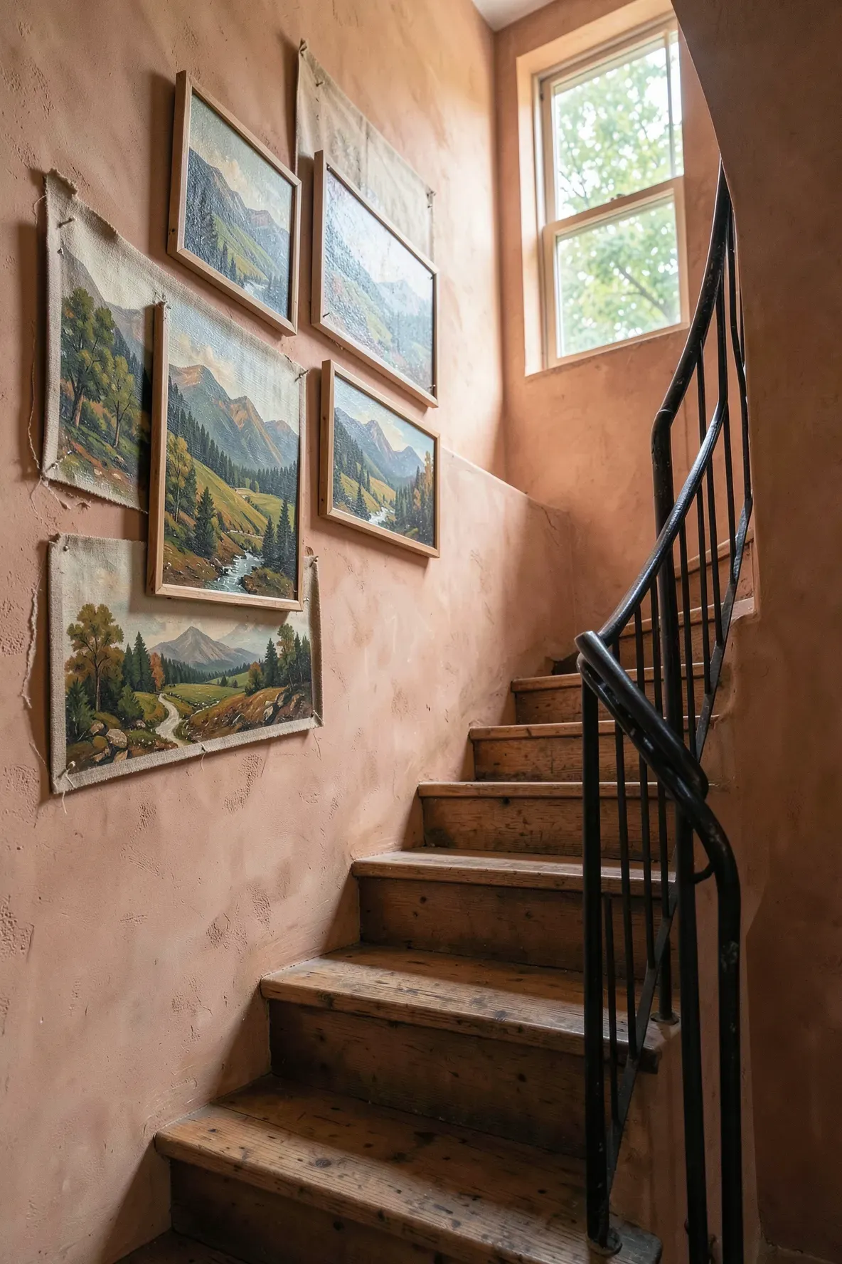 A staircase wall featuring unframed vintage oil paintings of landscapes with exposed canvas edges.