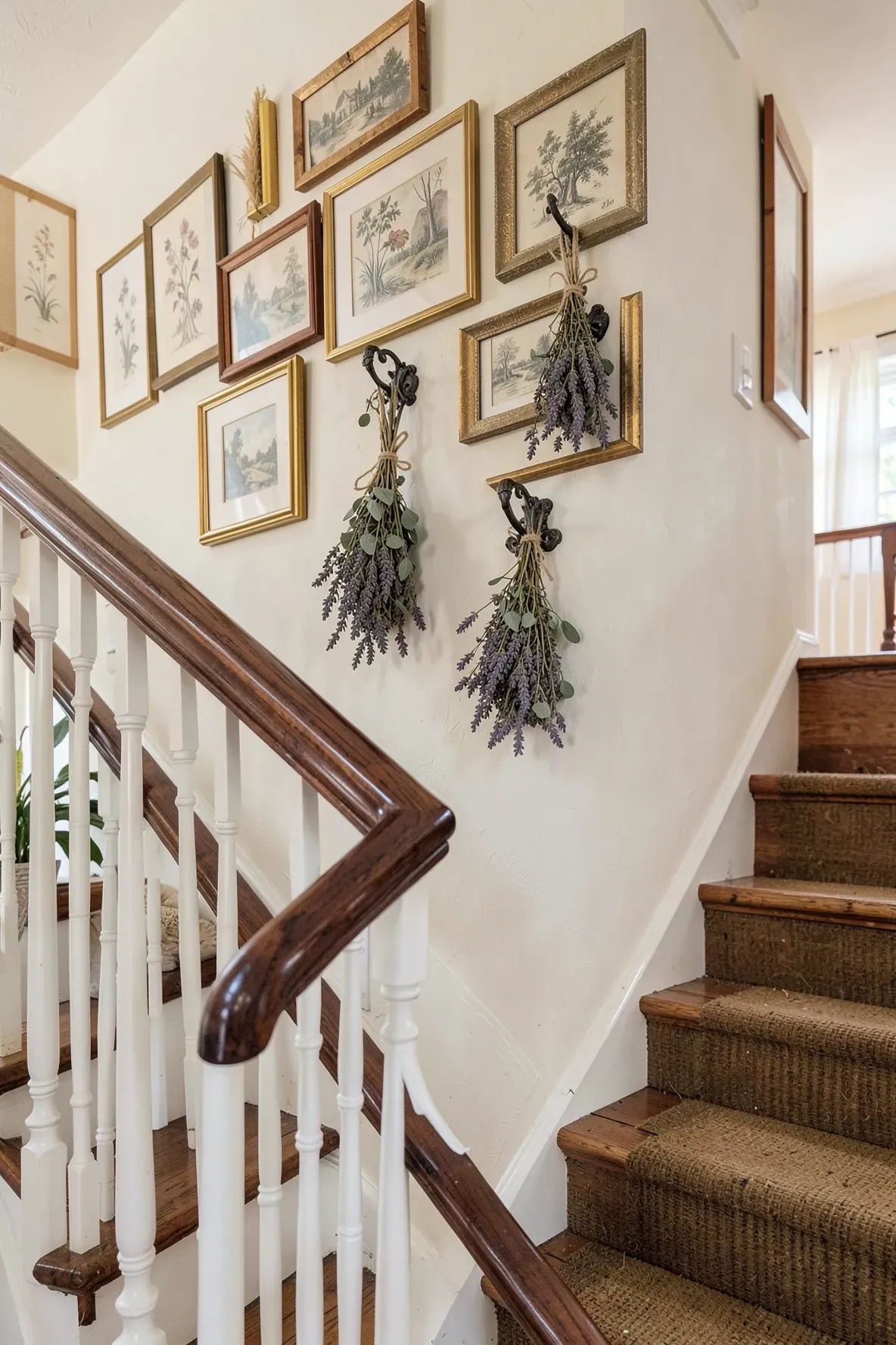 A staircase wall featuring cast iron hooks holding dried lavender bundles amidst vintage framed art.
