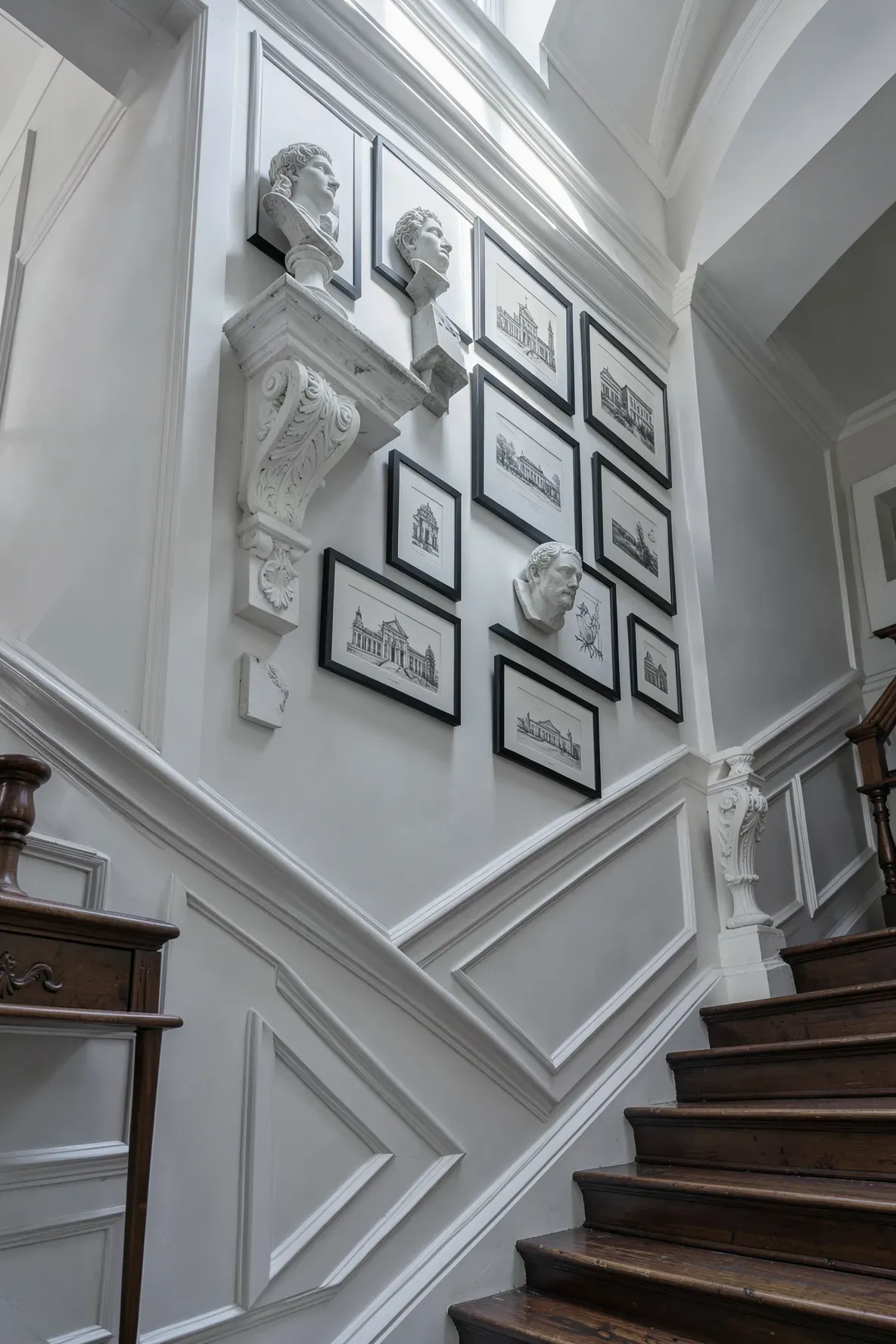 Classical busts on ornate plaster corbel shelves integrated into a staircase gallery wall.