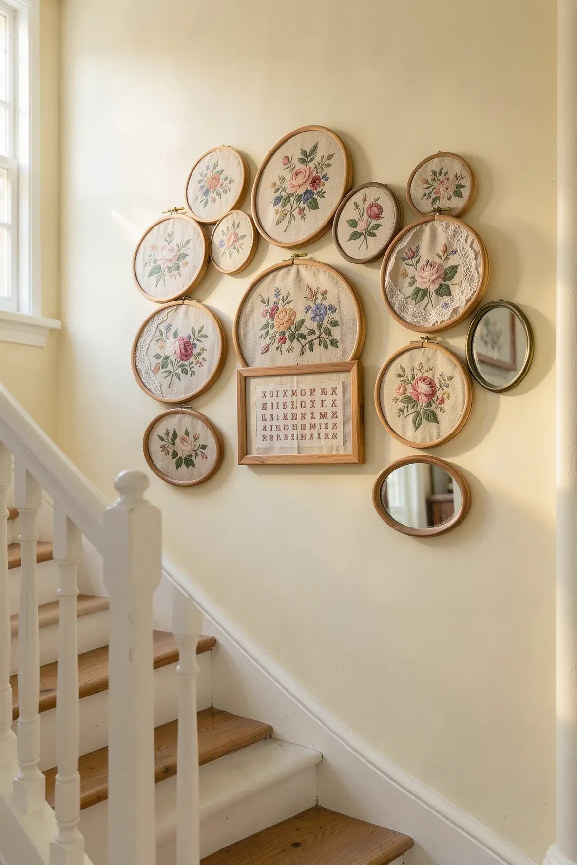 A collection of vintage embroidery hoops and cross-stitch samplers on a warm cottage staircase wall.