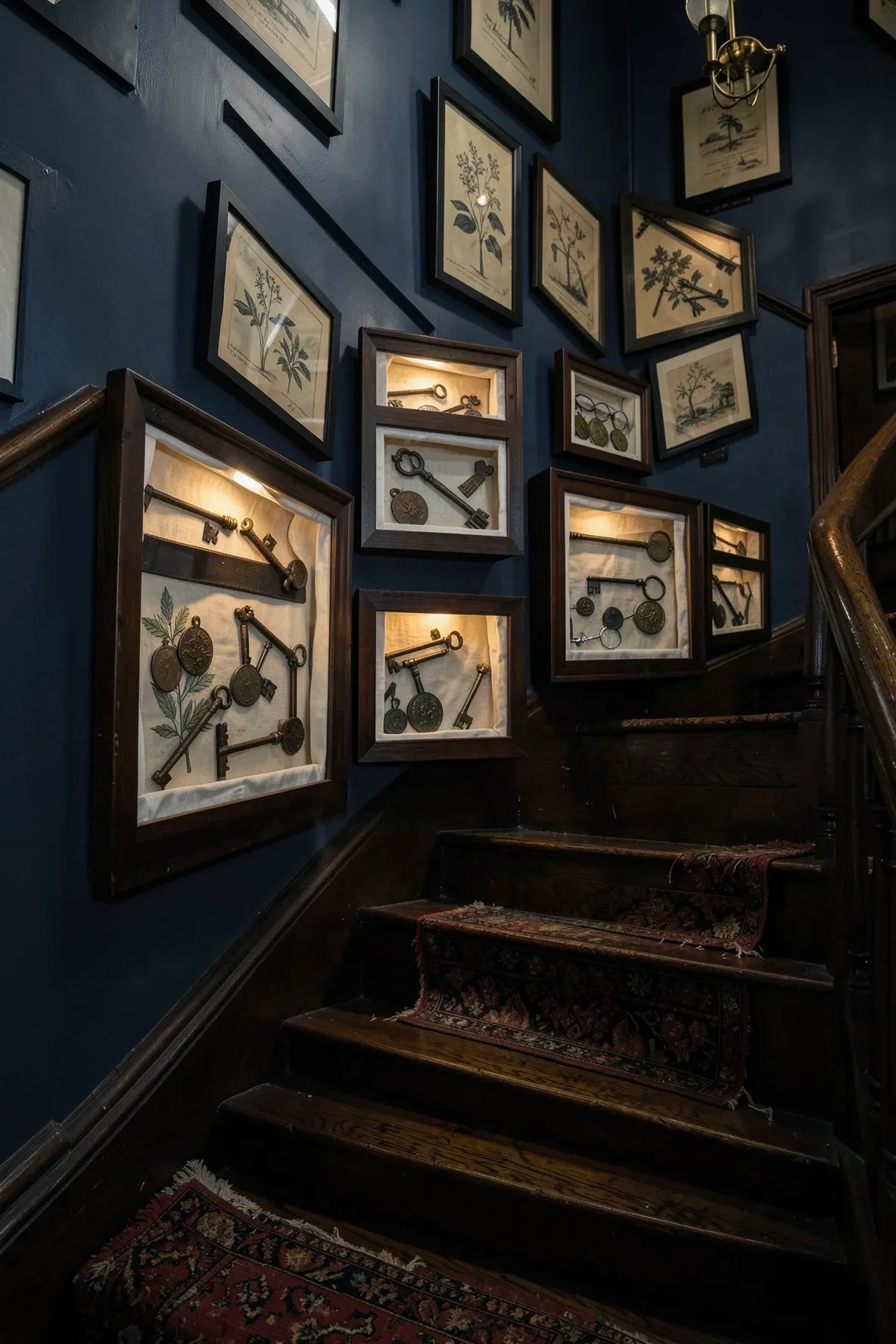 Shadow boxes containing antique keys and medals arranged on a moody navy staircase wall.