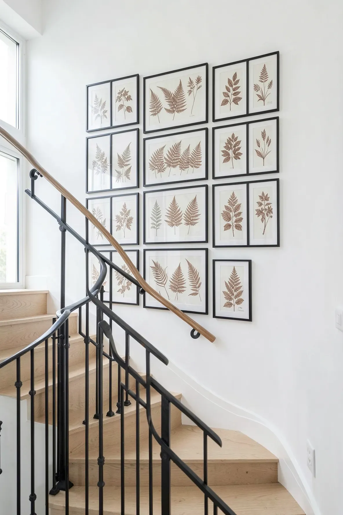 A precise grid of twelve sepia botanical etchings following the incline of a white staircase.
