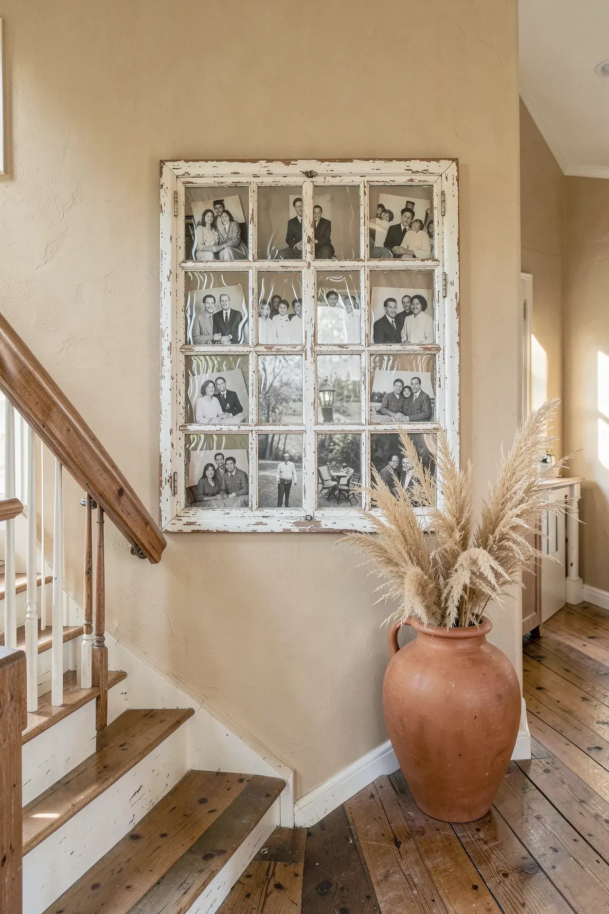 A large reclaimed wooden window frame used to display vintage photos on a rustic staircase landing.