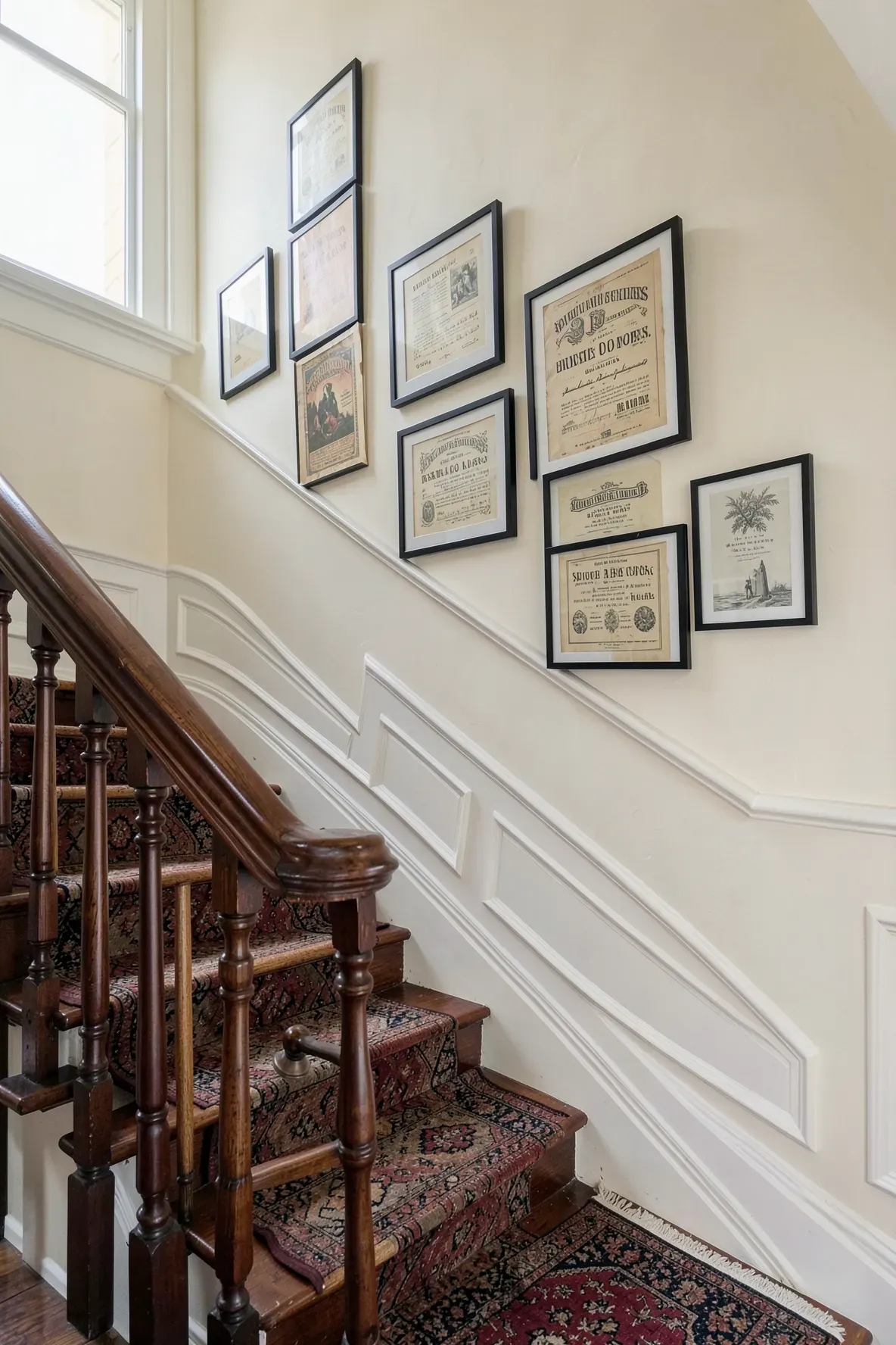 A staircase gallery wall featuring framed vintage sheet music with yellowed paper and black frames.