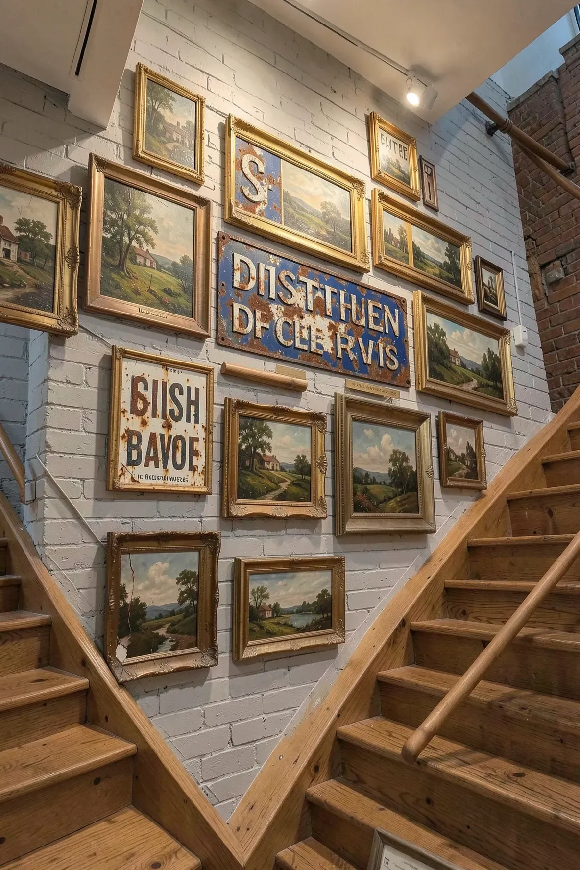 An industrial-vintage staircase wall with rusted metal signs and gold-framed oil paintings.